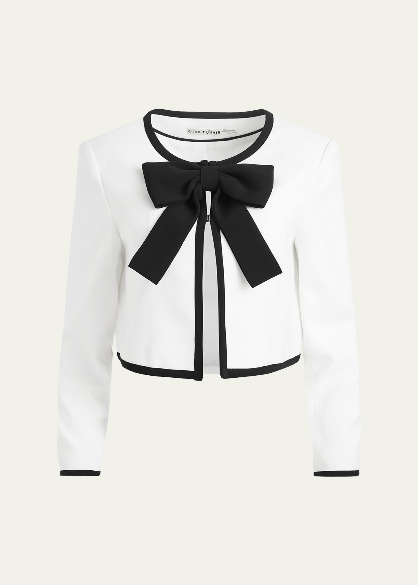 Shop Alice And Olivia Kidman Bow Fitted Cropped Jacket In Off Whiteblack