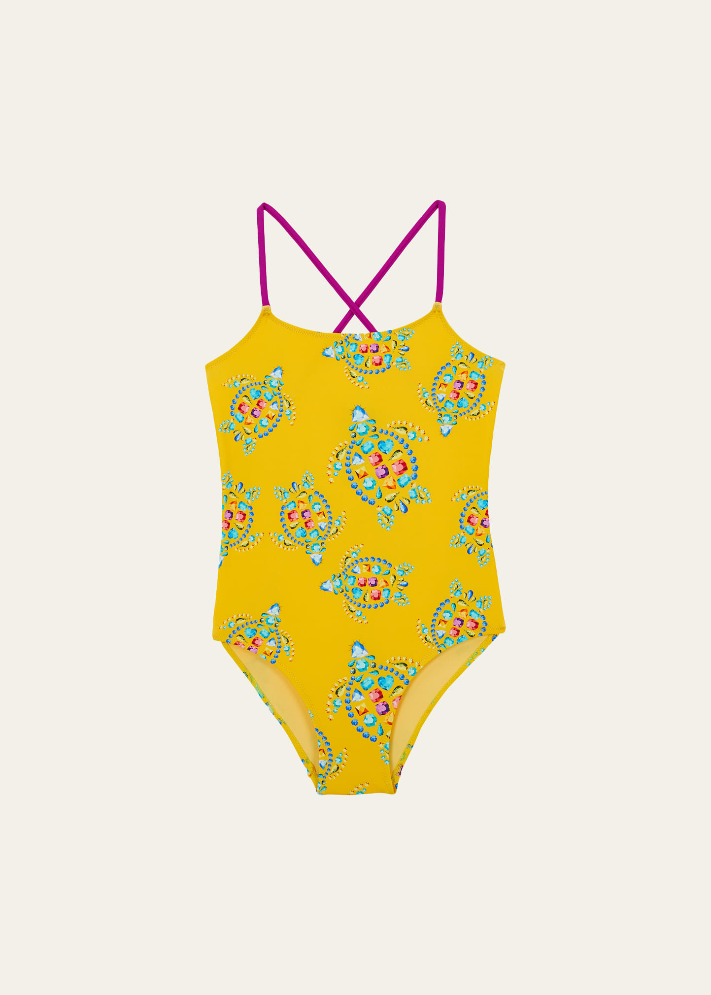 Vilebrequin Kids' Girl's Vendom Jeweled Turtle-print Swimsuit In Mais