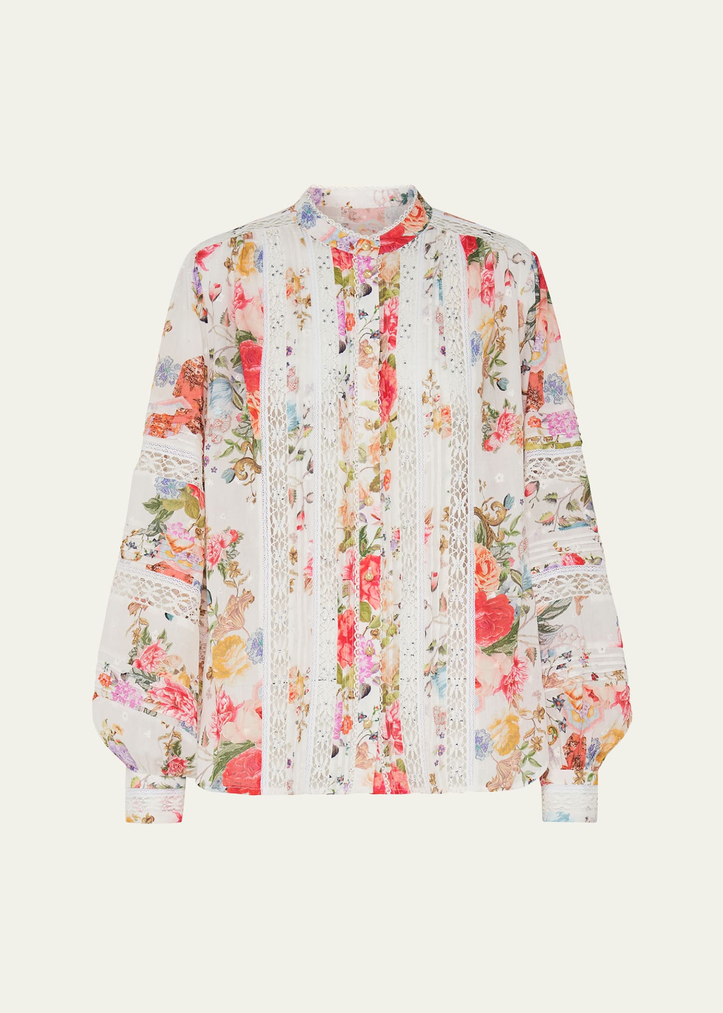 Shop Camilla Lace-trim Floral Cotton Blouson-sleeve Blouse In Sew Yesterday