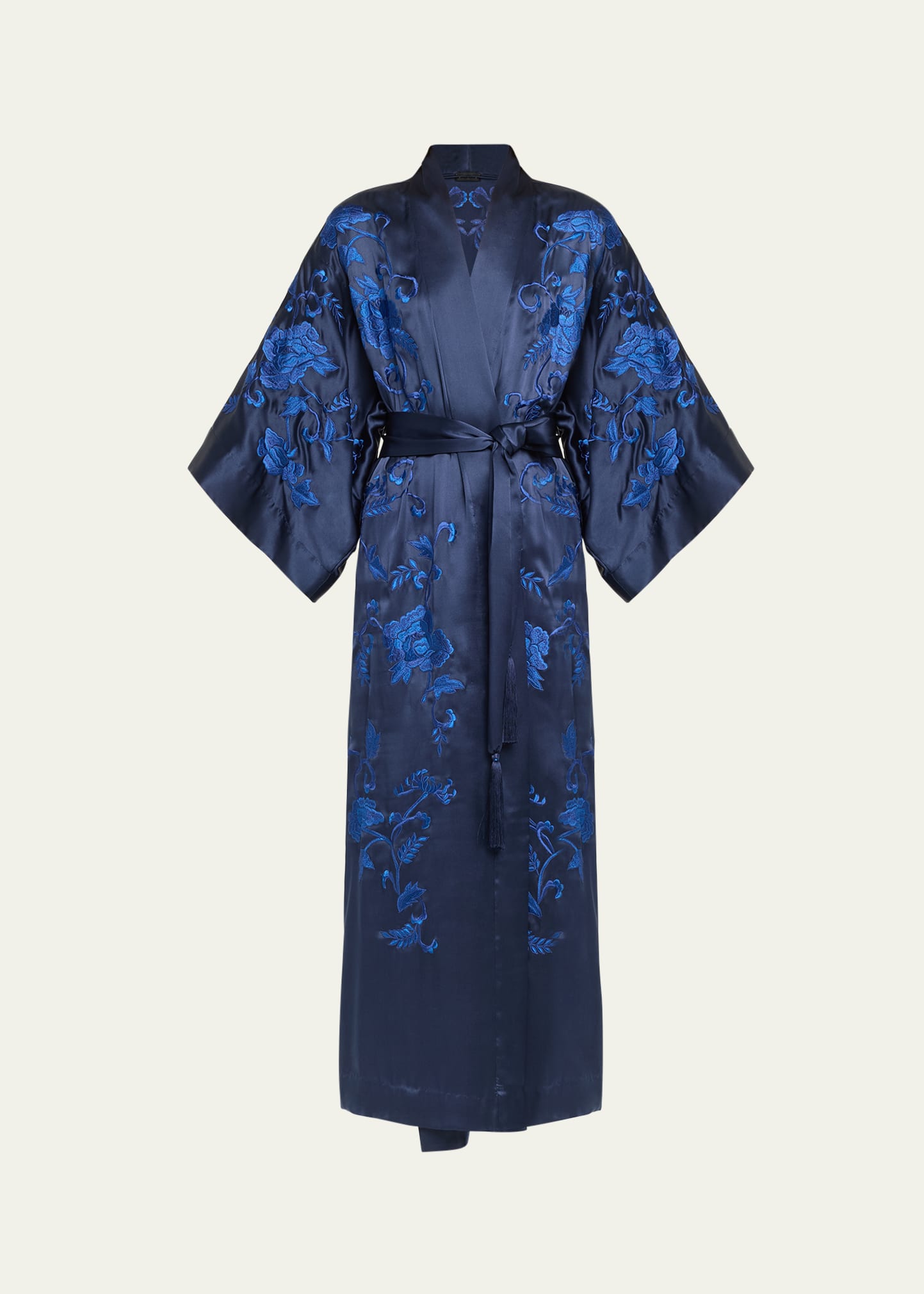 Shop Josie Natori Malaga Floral-embroidered Kimono-sleeve Robe In Midnight Navy