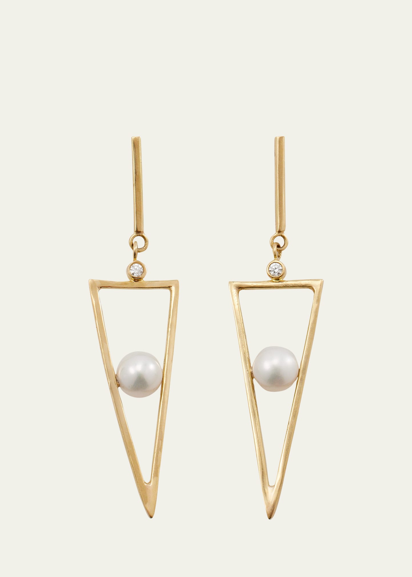 18K Yellow Gold Triangle Drop Hoop Earrings with White Diamonds and Freshwater Pearls