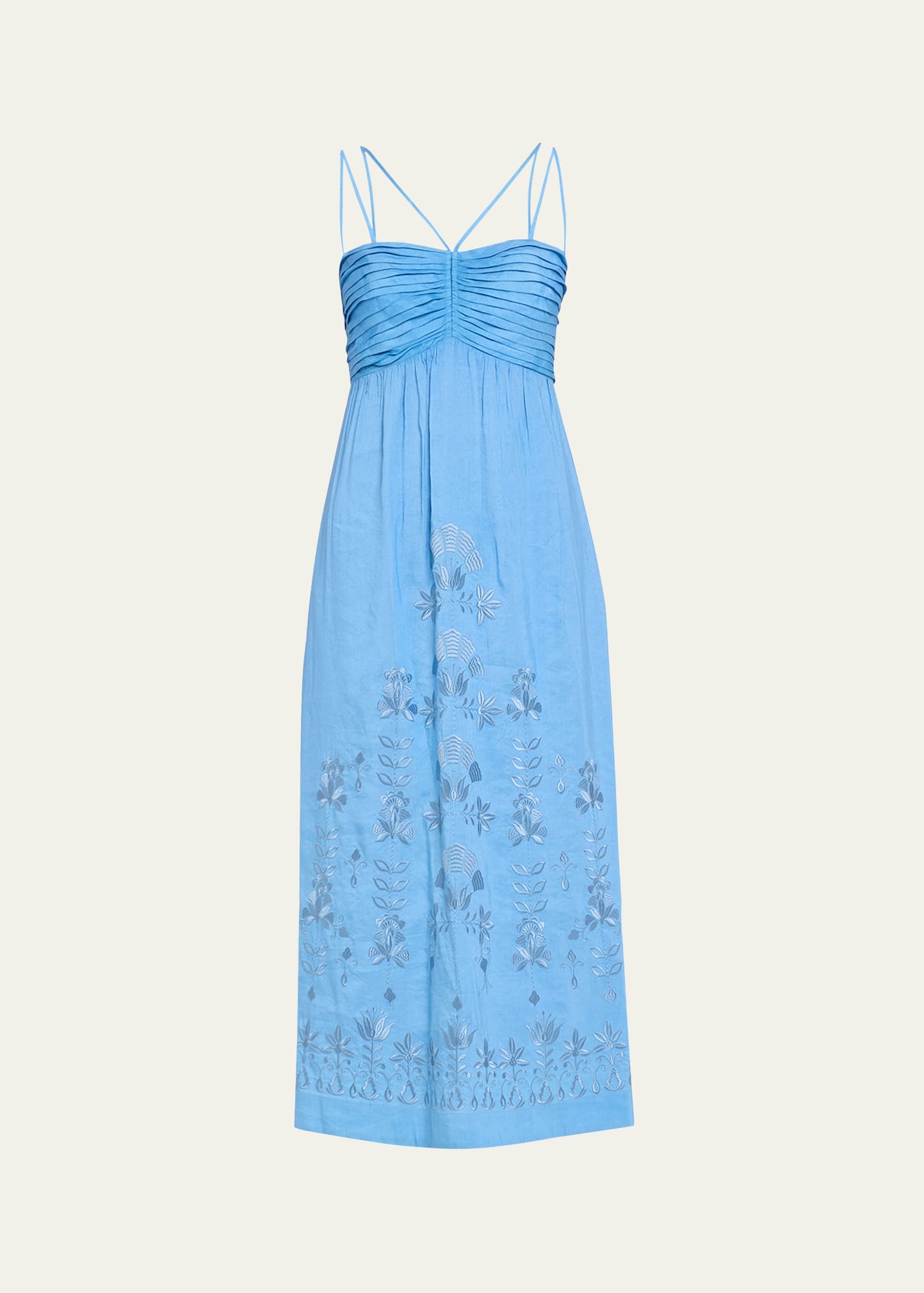 Ariella Pleated Floral-Embroidered Midi Dress