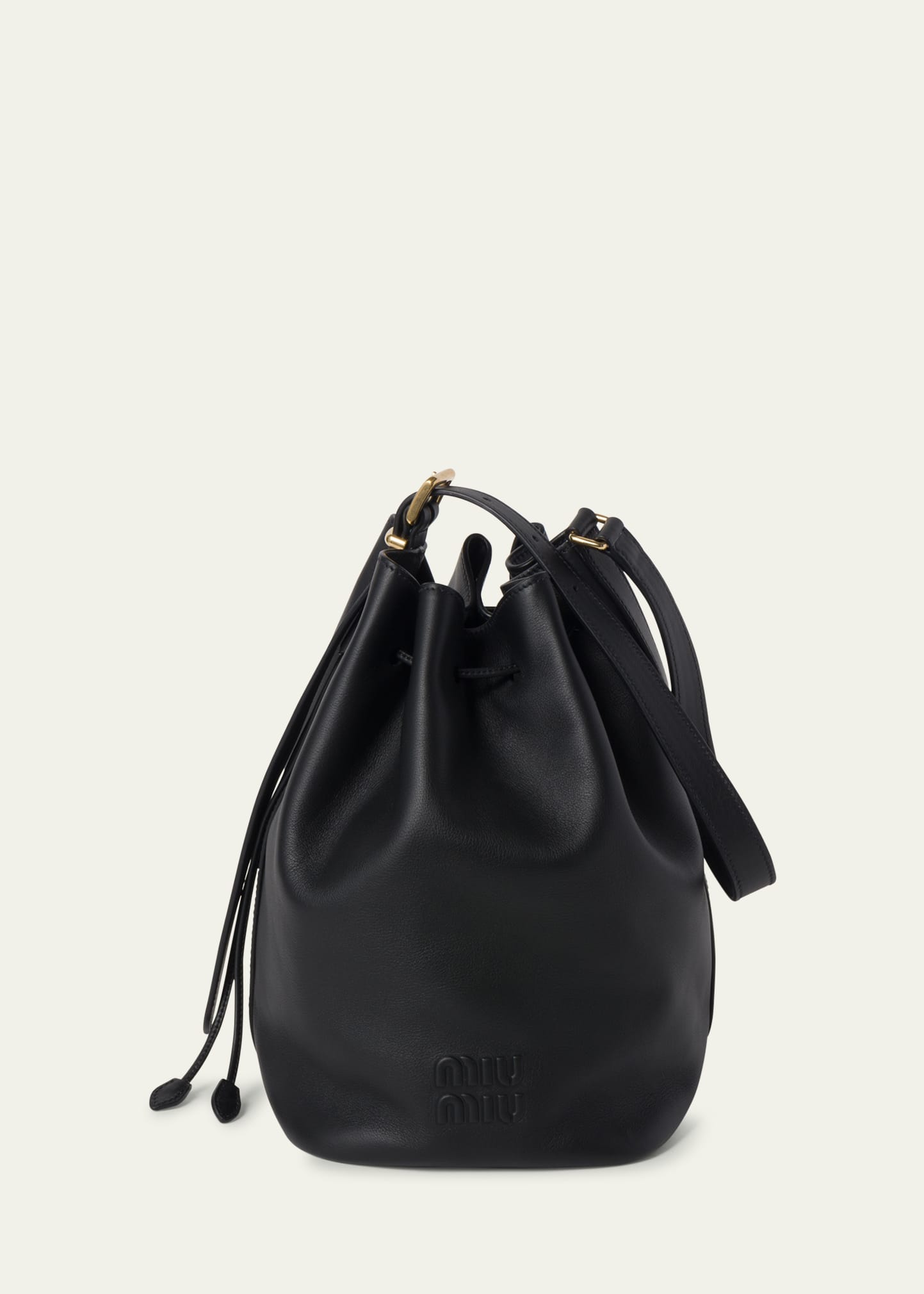 Miu Miu Drawstring Leather Bucket Bag In F0002 Nero