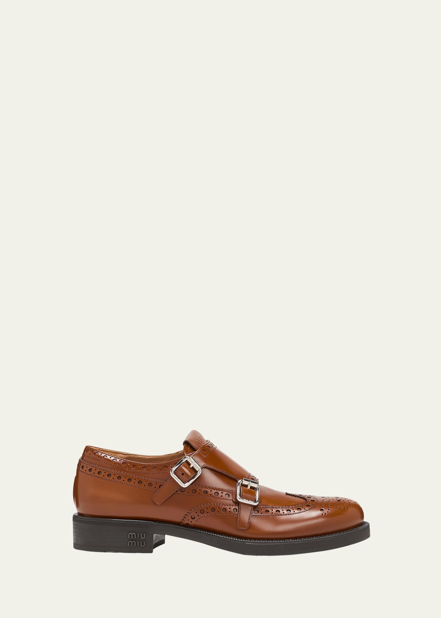 Shop Miu Miu Brogue Leather Double Monk Loafers In Tabacco