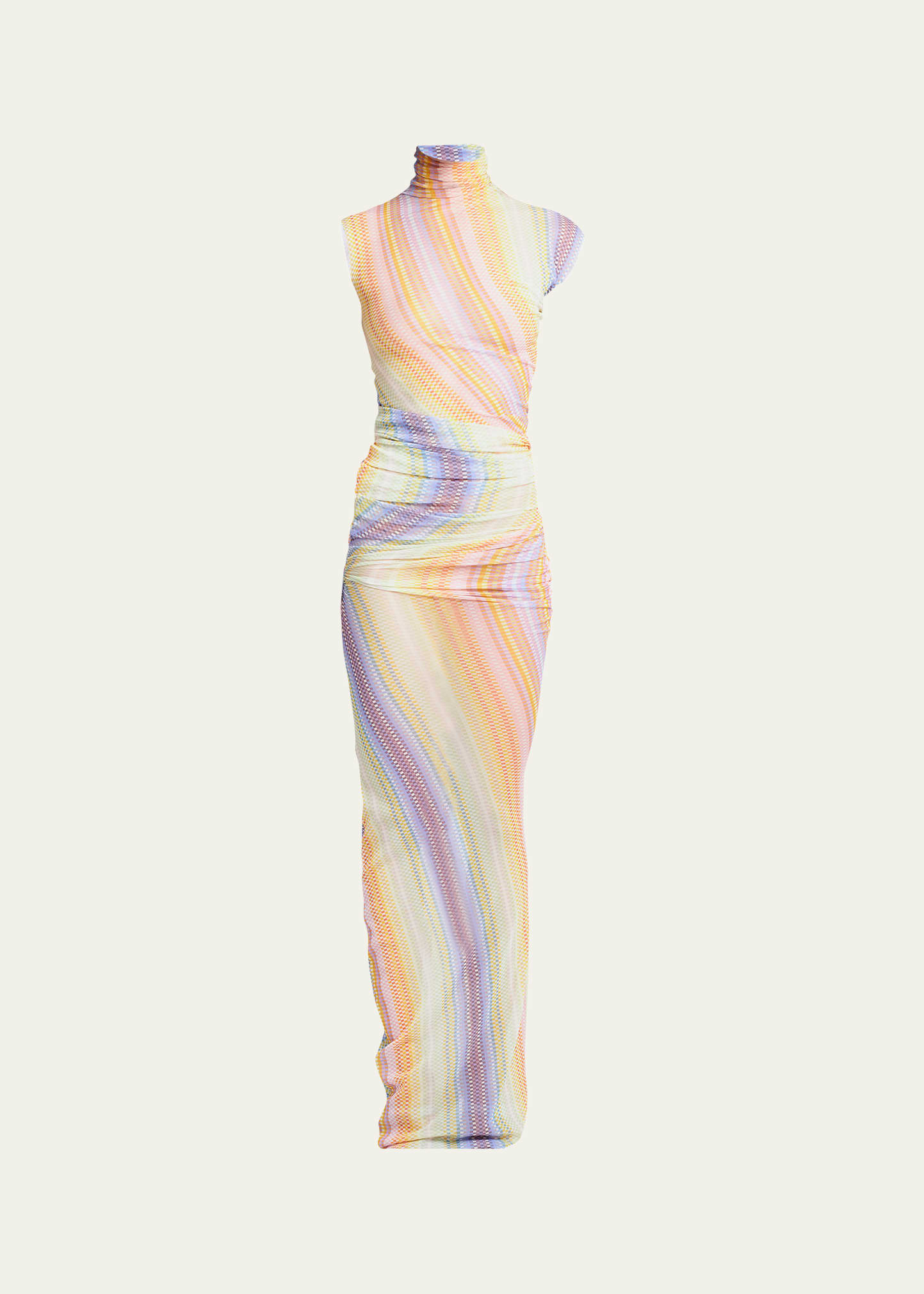 Shop Missoni Printed High-neck Tulle Ruched Maxi Dress In Sm9e3-mlwhtorngrn