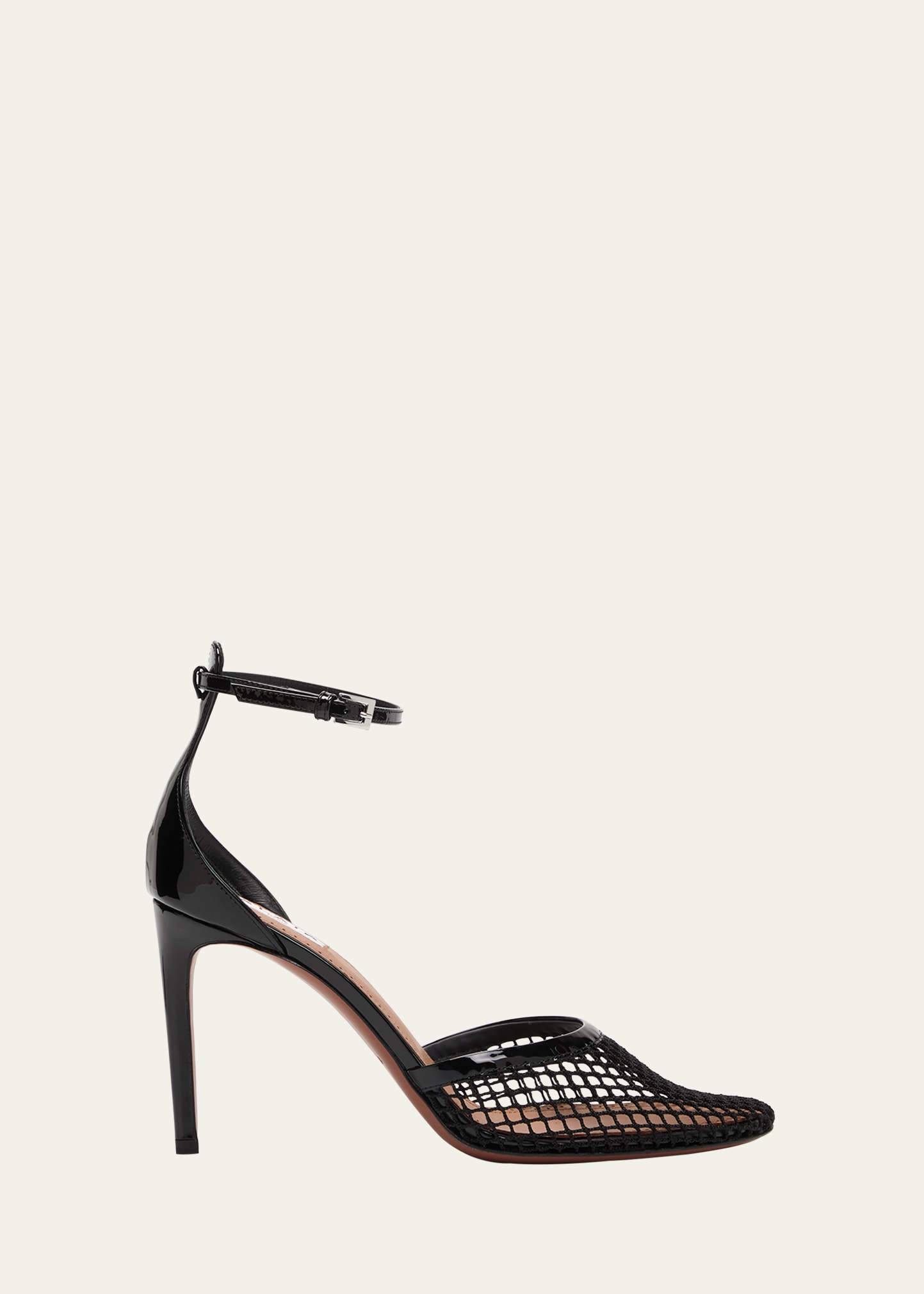 Shop Alaïa Fishnet Patent Ankle-strap Pumps In Noir