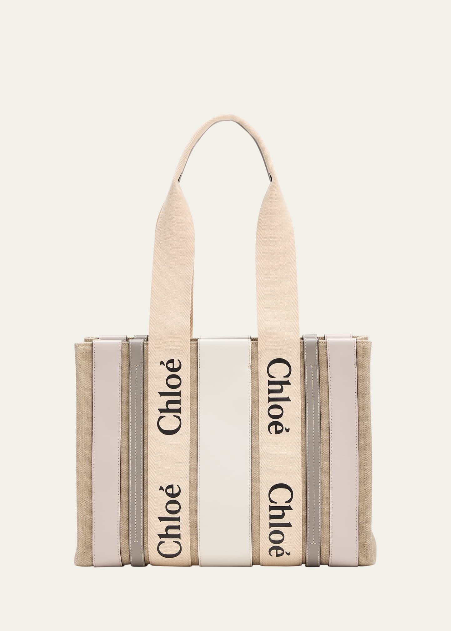 Chloé X High Summer Woody Medium Tote Bag In Striped Linen And Leather In Brown