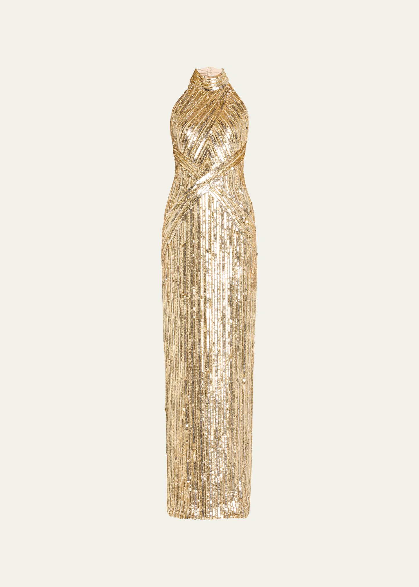 Shop Pamella Roland Sequined Halter Backless Column Gown In Gold