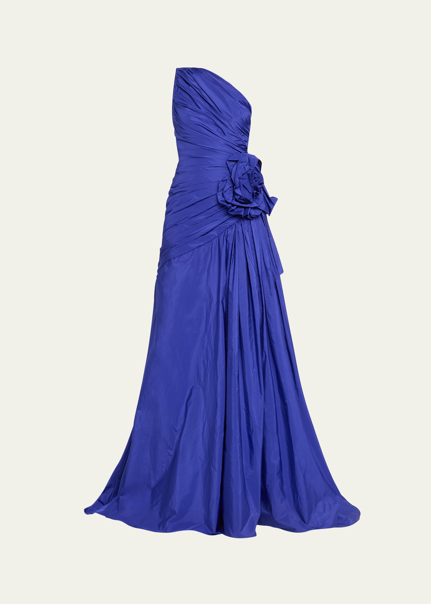 Shop Pamella Roland Pleated One-shoulder Taffeta Gown With Floral Detail In Cobalt
