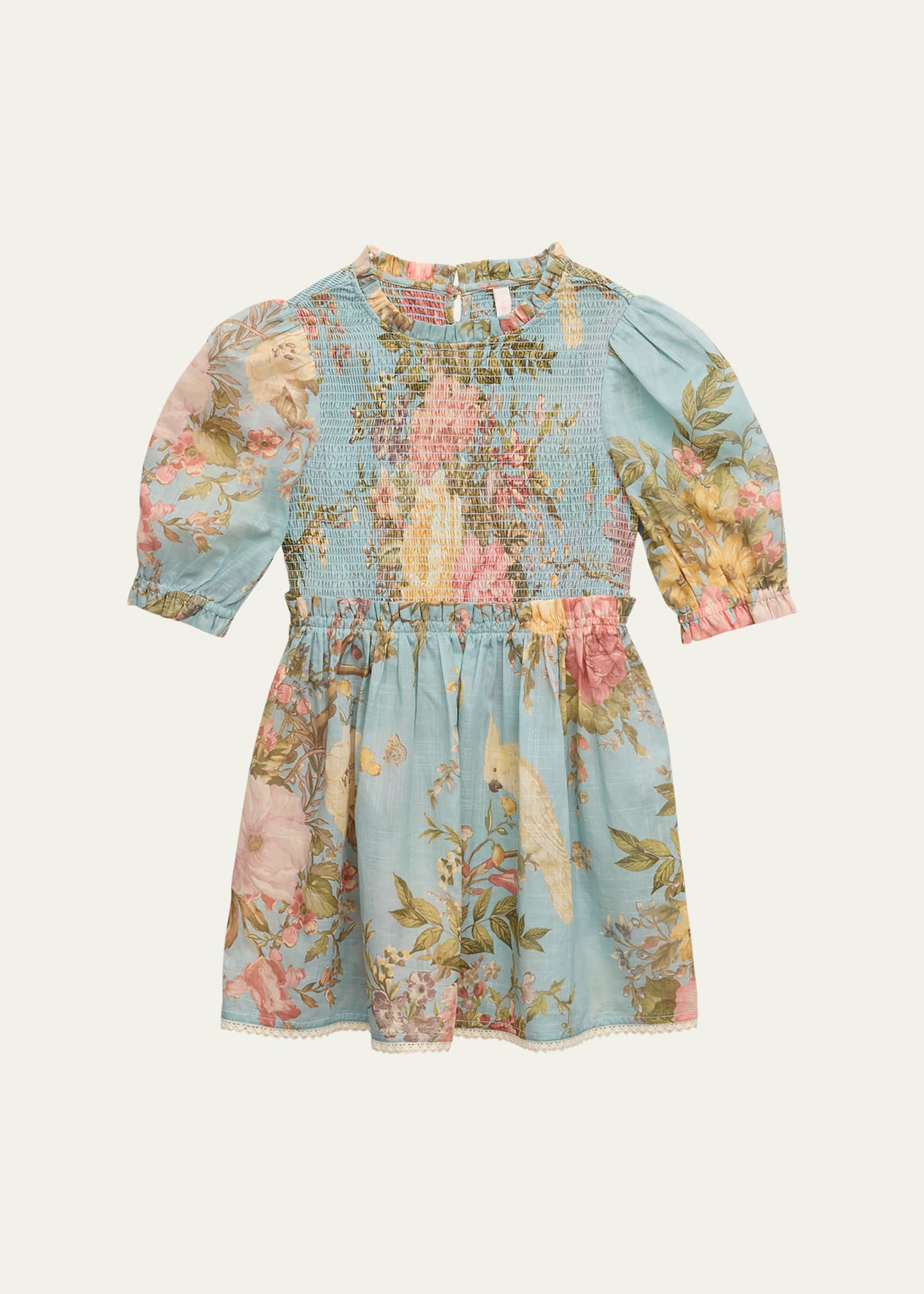 Shop Zimmermann Girl's Waverly Puff Sleeve Smocked Dress In Blue Floral