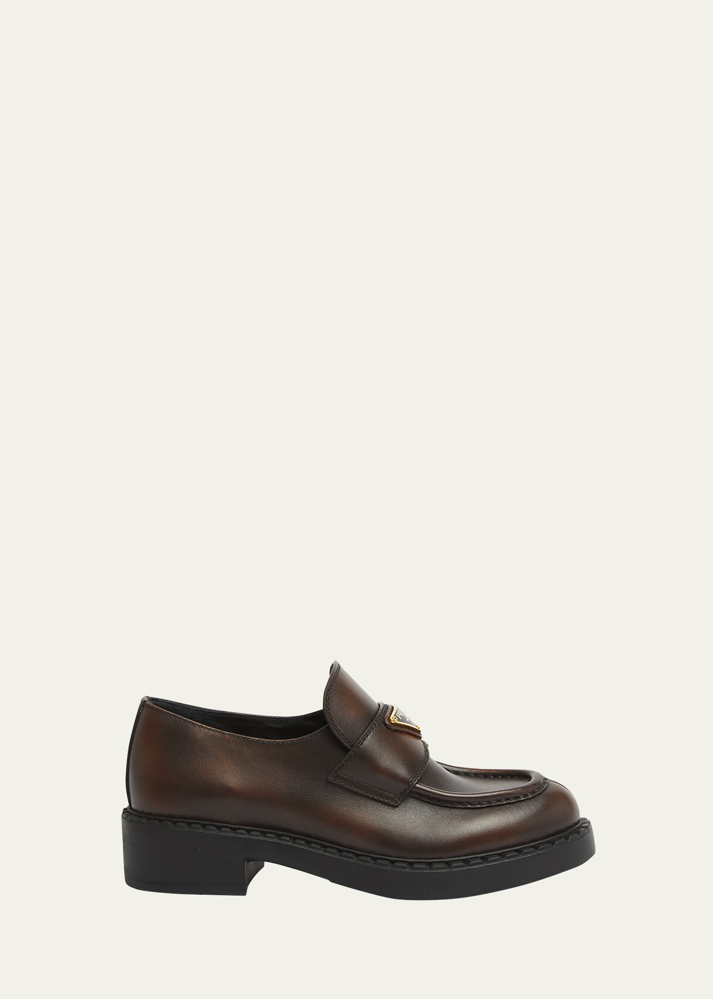 Prada Chocolate Cognac Brushed Leather Moccasin Women In Moro