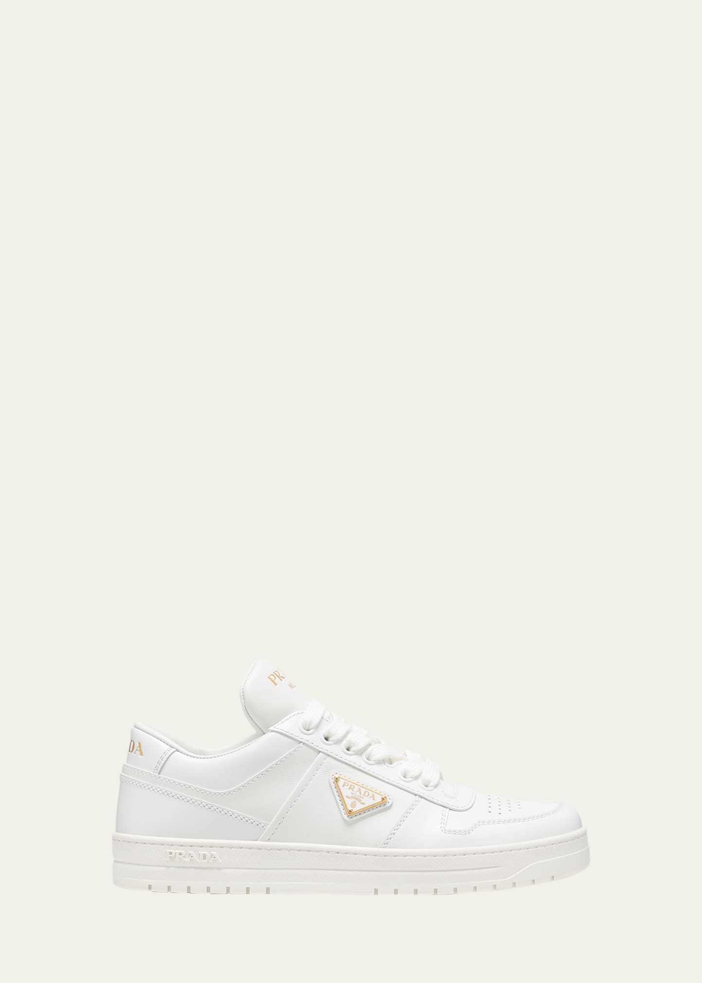 Prada Leather Sneakers Downtown Rubber Sole Perforated Toe In Bianco