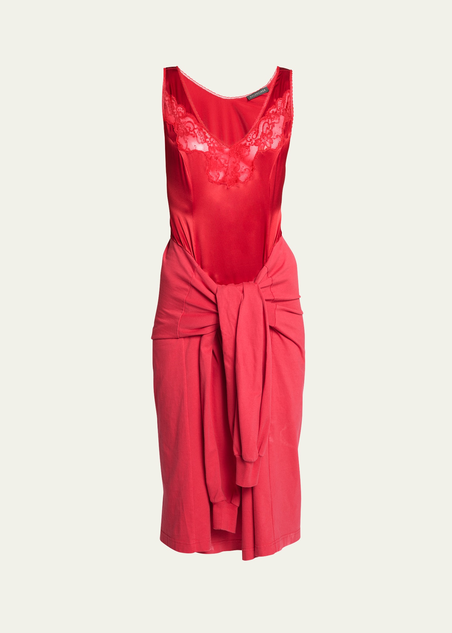 Balenciaga Hybrid Lace Tie-waist Slip Midi Dress In Red