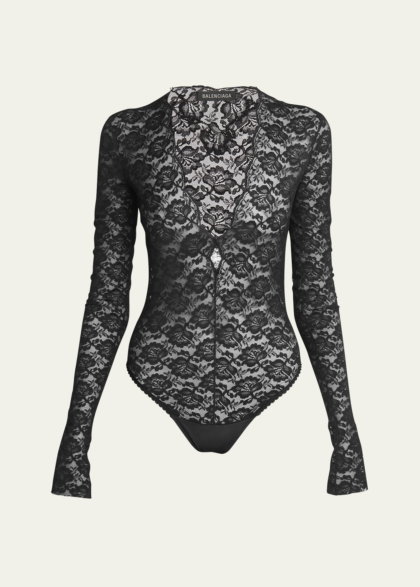 Shop Balenciaga Lace Scallop Frayed Bodysuit Top In Noir