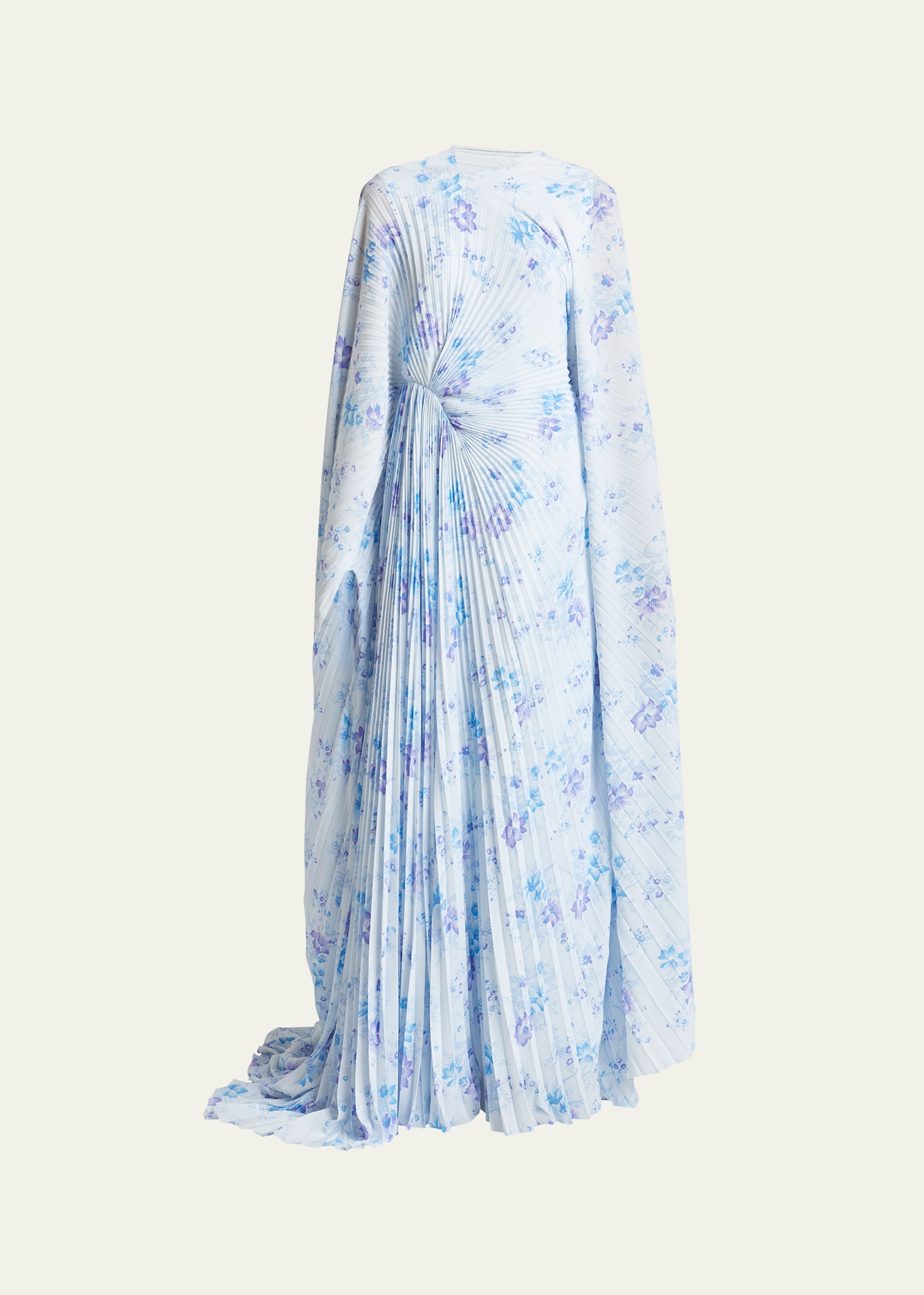 Balenciaga Floral-print Circle Pleated Dress In Blue