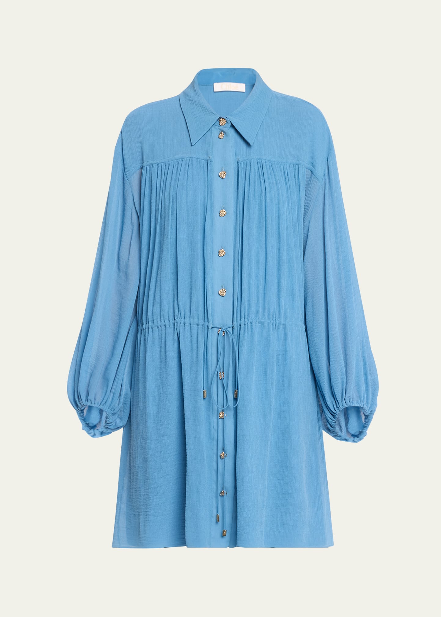 Shop Chloé X High Summer Silk Button-front Mini Dress With Tie Waist In Parisian Blue