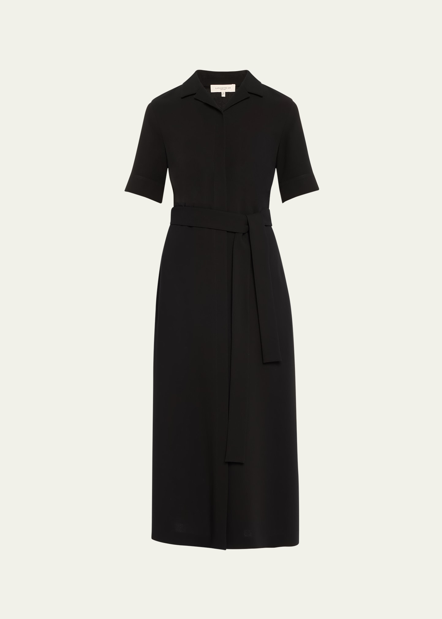 Shop Lafayette 148 Belted Notch-collar Midi Shirtdress In Black