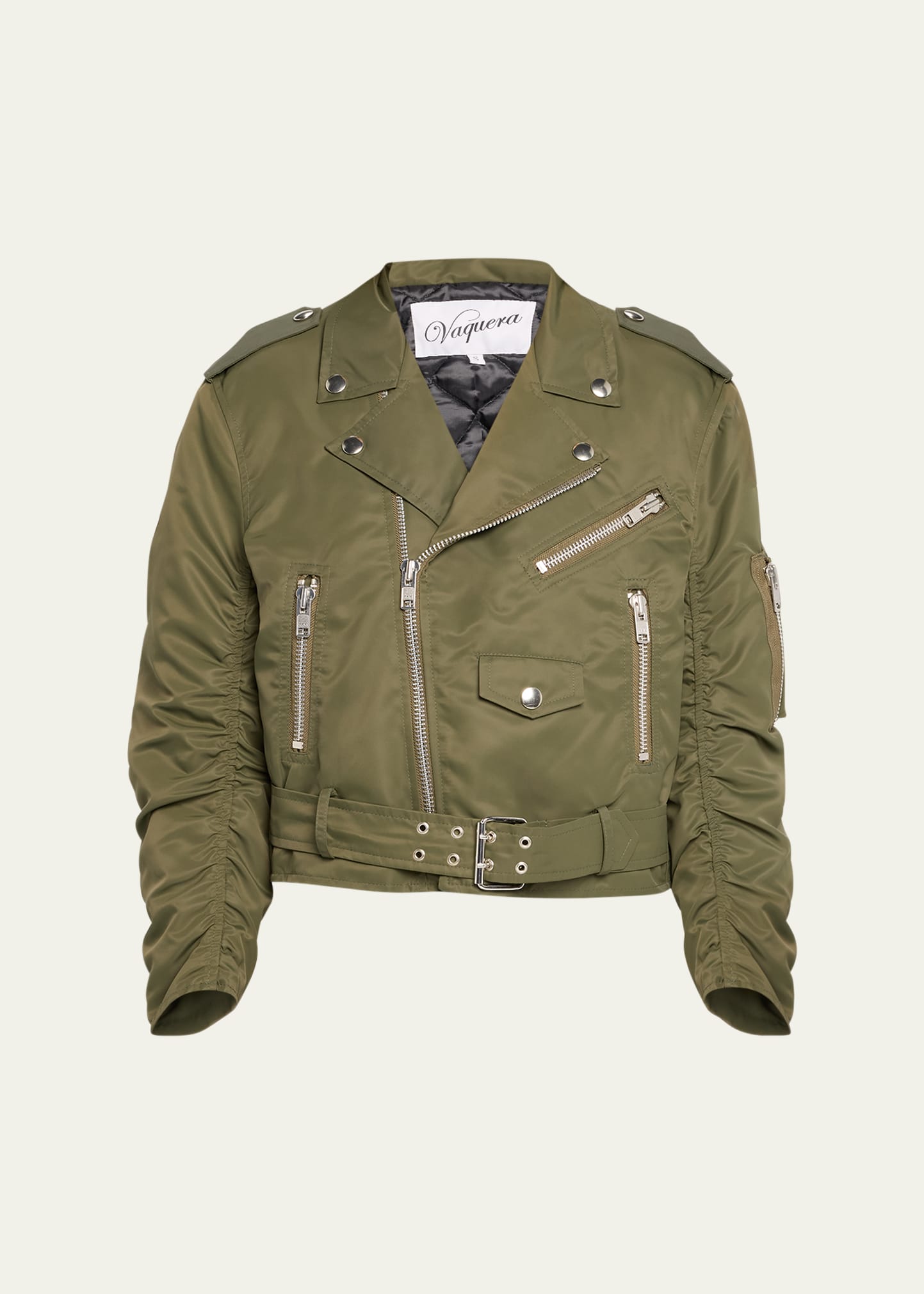 Vaquera Aviator Ruched-sleeve Moto Jacket In Olive
