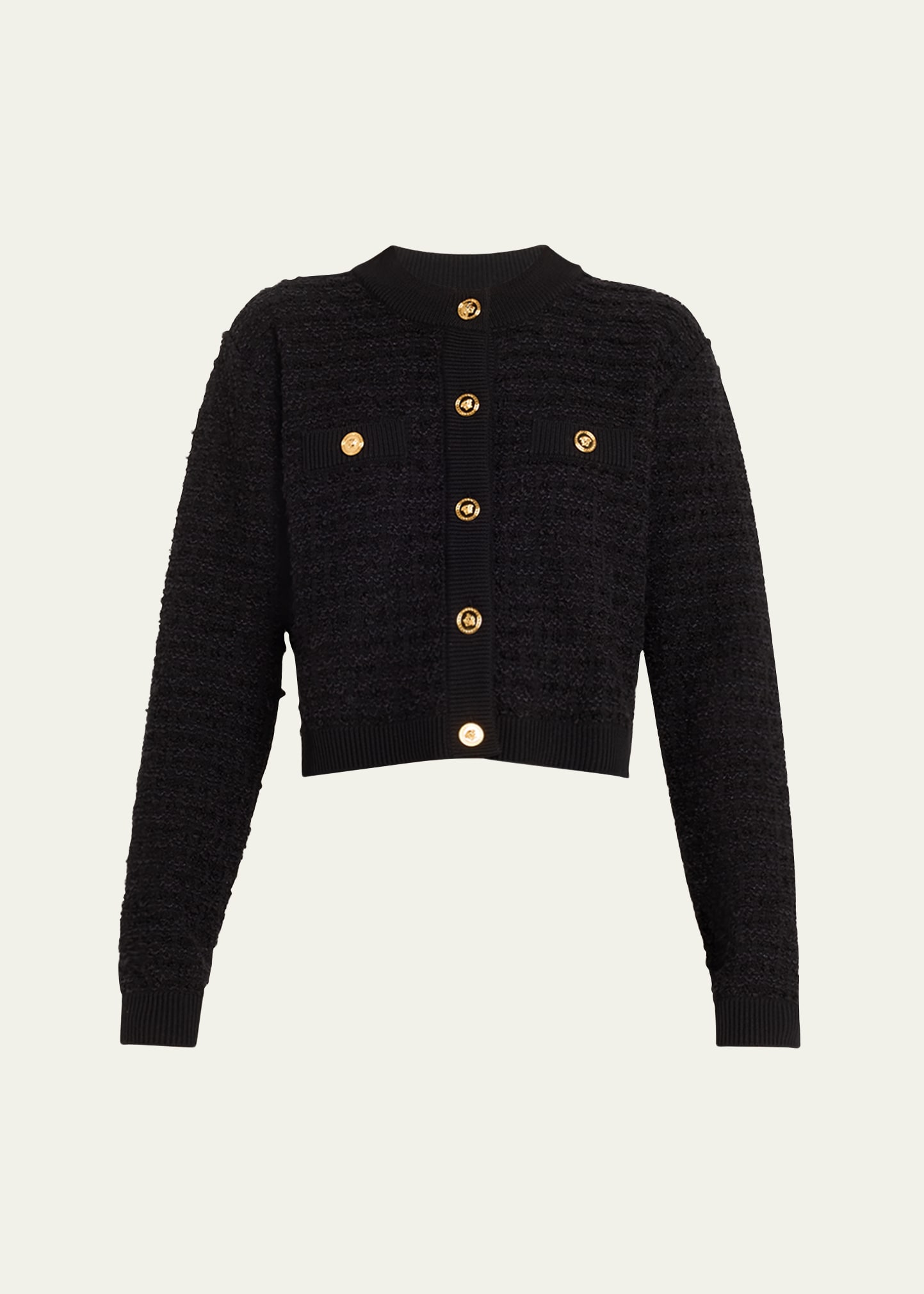 Shop Versace Tweed Knit Cardigan In Black