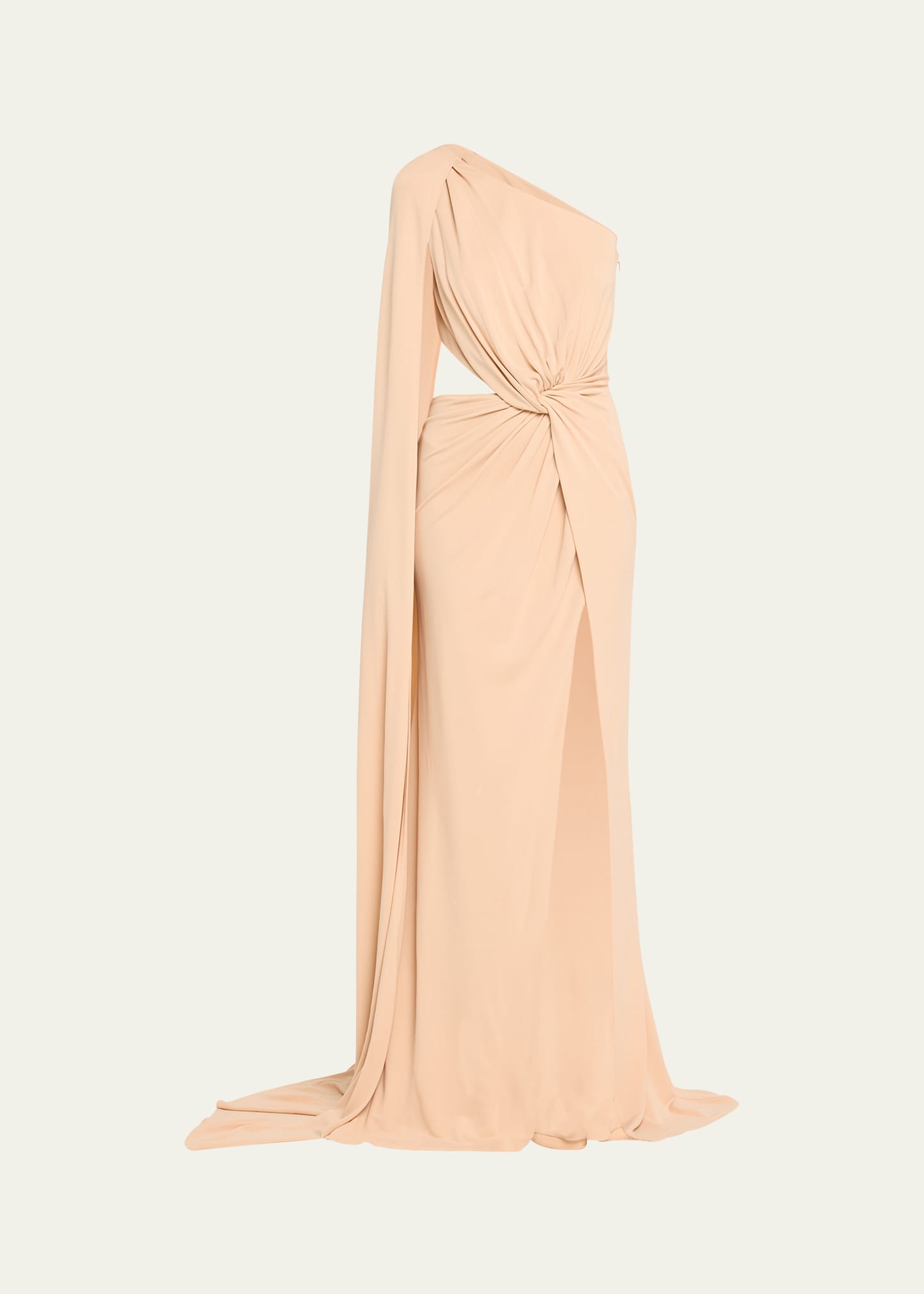 Elie Saab One-shoulder Twist Front Cutout Jersey Dress In Champagne