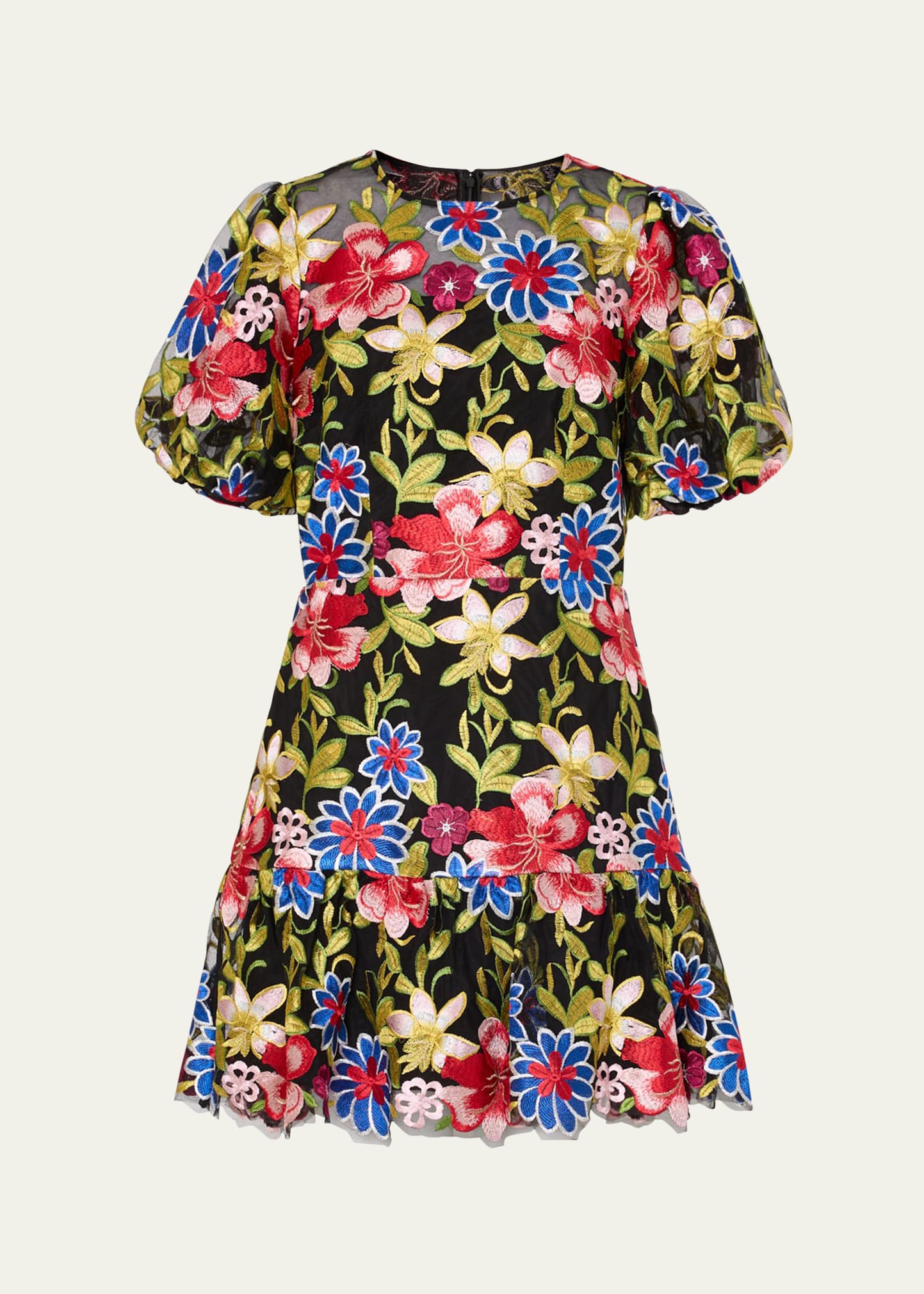 Yasmin Floral-Embroidered Flounce Mini Dress