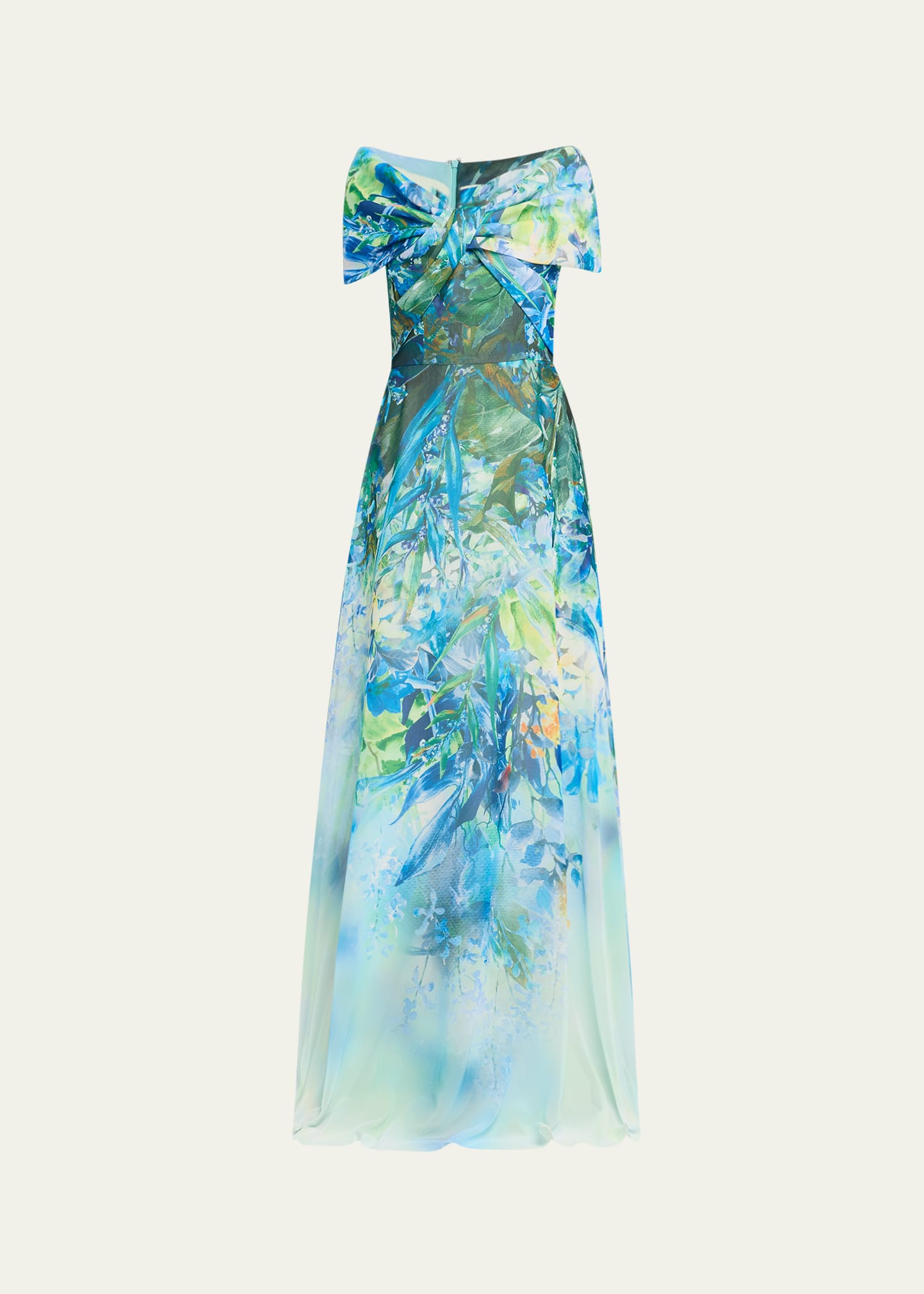 Shop Rickie Freeman For Teri Jon Off-shoulder Floral-print Chiffon Gown In Blue Multi