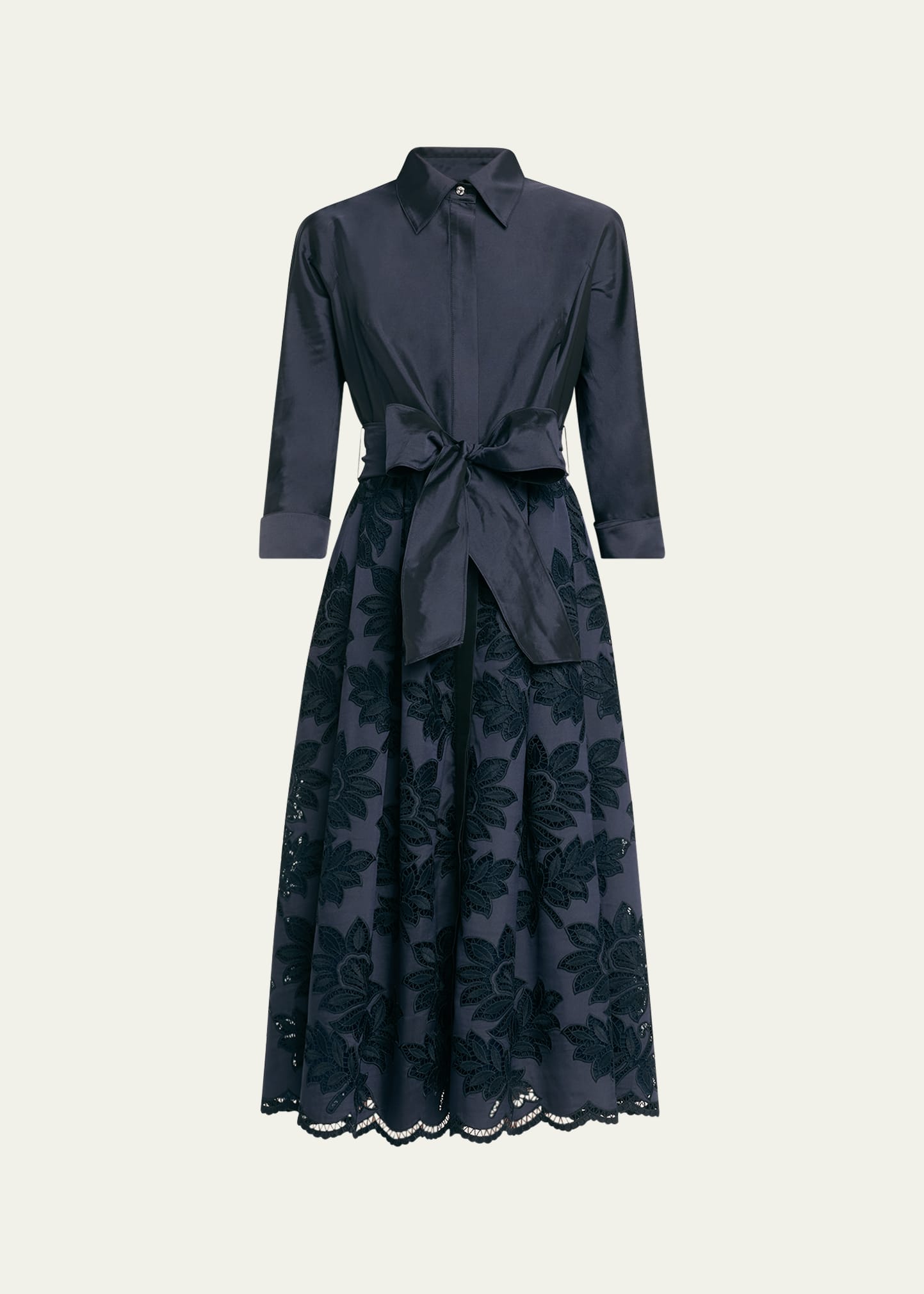 Shop Rickie Freeman For Teri Jon Eyelet Floral-embroidered Midi Shirtdress In Navy