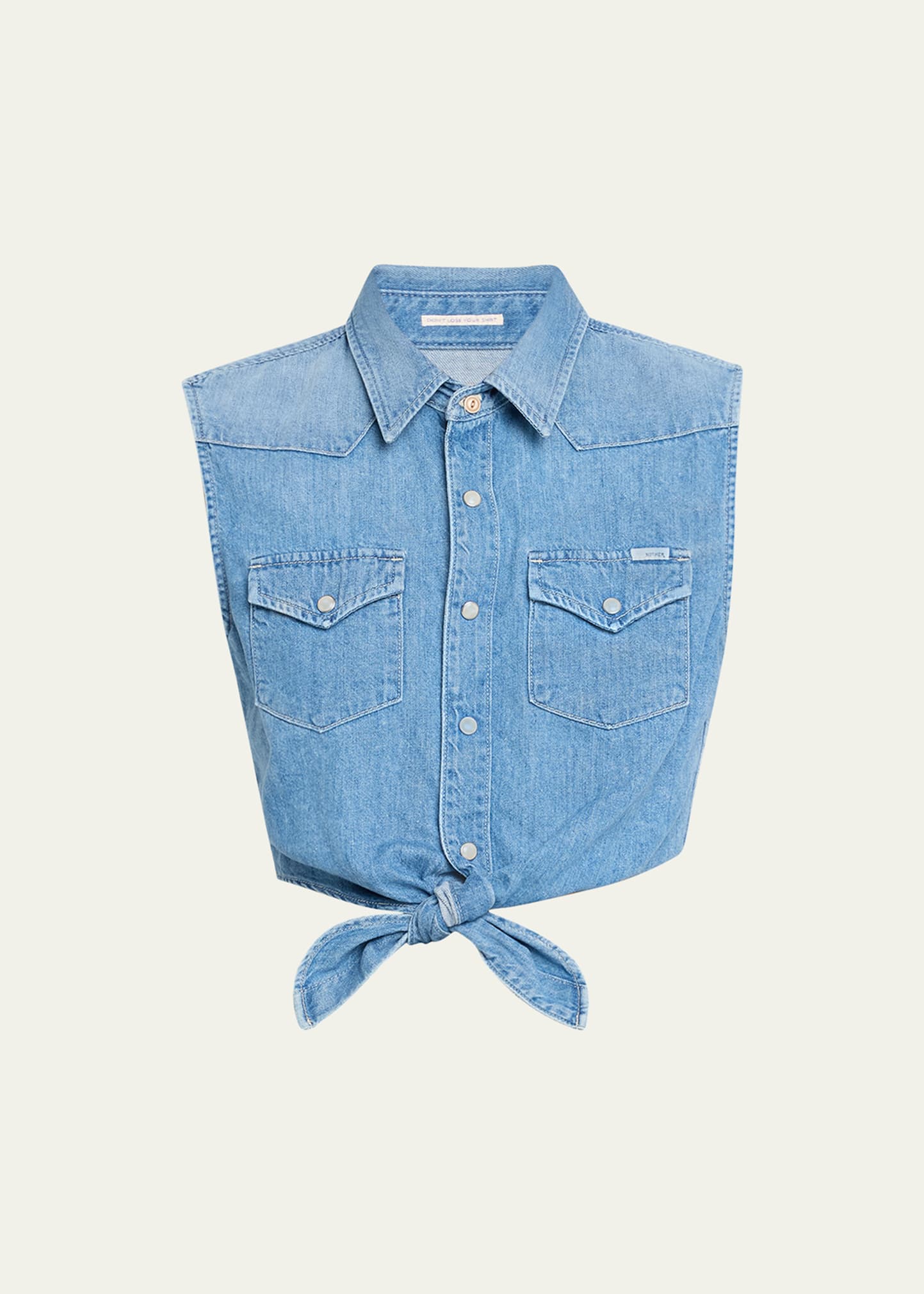 Shop Mother The Sleeveless Knotted Exes Denim Top In Maritime Masterpi