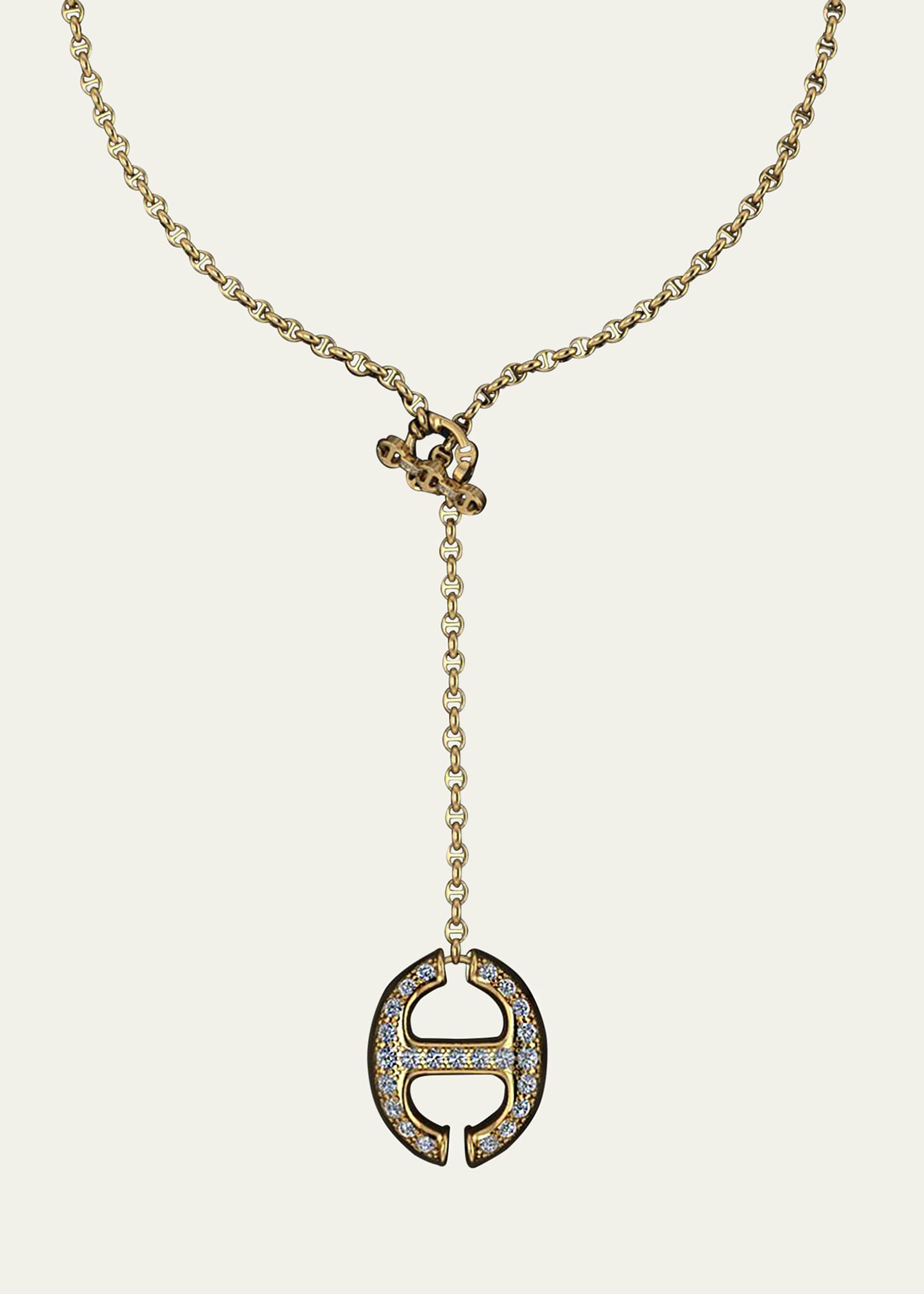 18K Yellow Gold Grand Link Lariat Necklace with White Diamond H Station, 17"L
