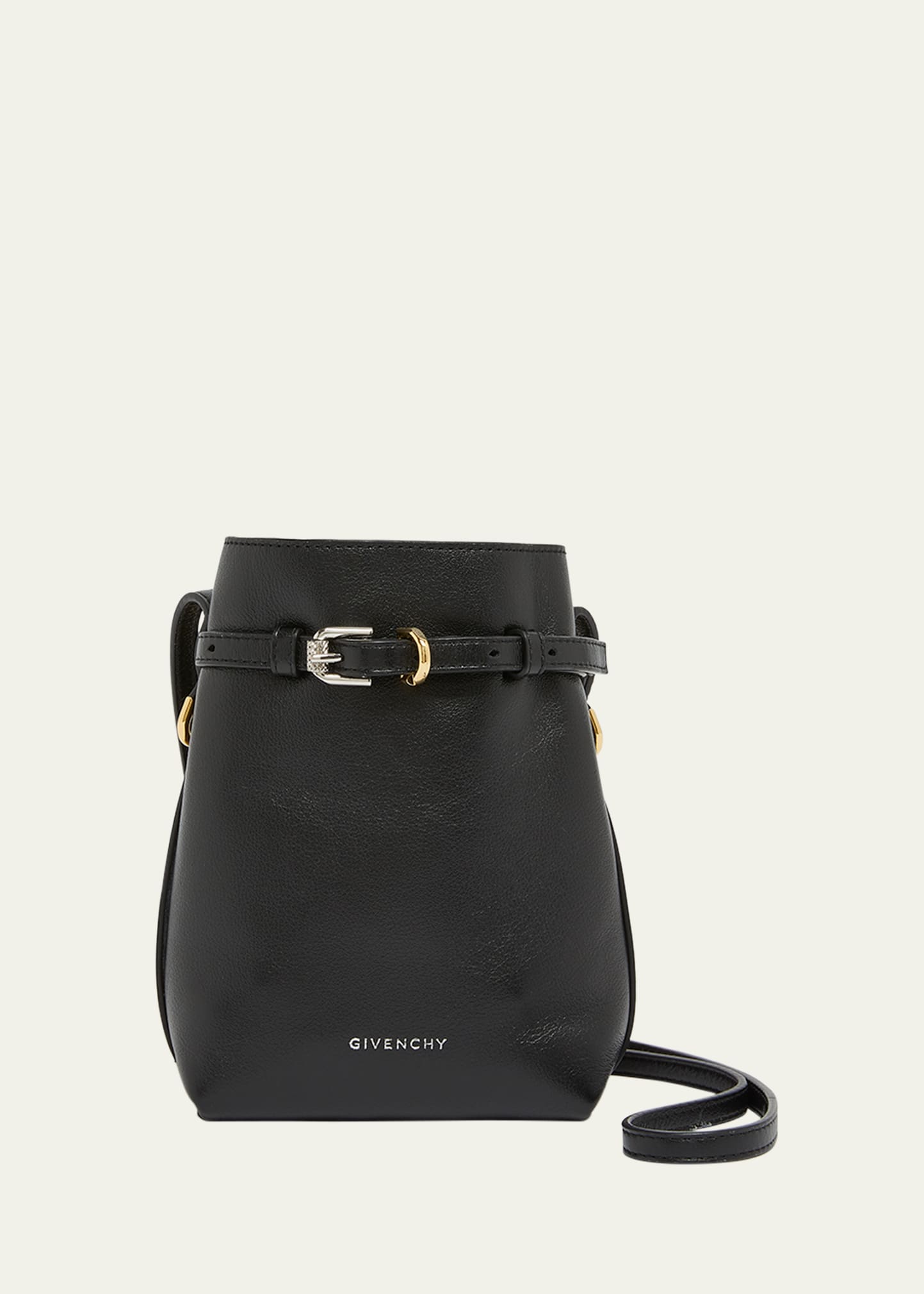 Givenchy Voyou Phone Pouch Bucket Bag In Shiny Tumbled Leather In Black