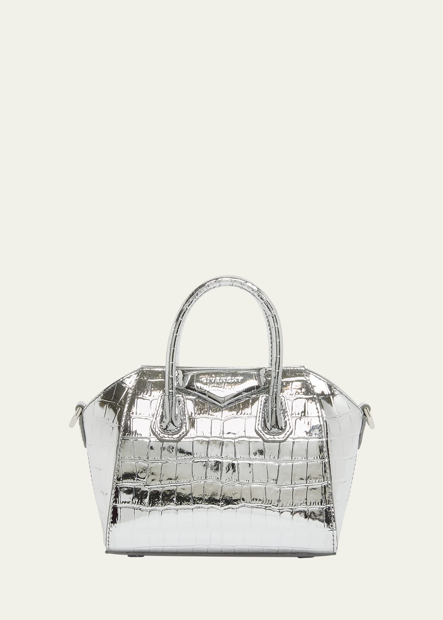 Givenchy Antigona Toy Top-handle Bag In Metallic Croc-embossed Leather In Light Silver