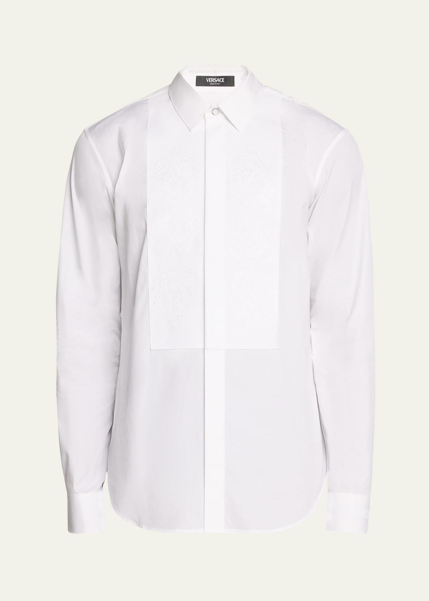 Versace Men's Button-down Shirt With Baroque Bib In Optical White