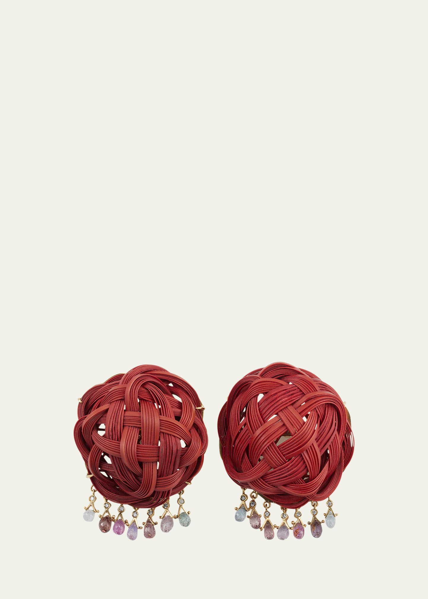 18K Yellow Gold Earrings with Diamonds, Spinel and Bamboo