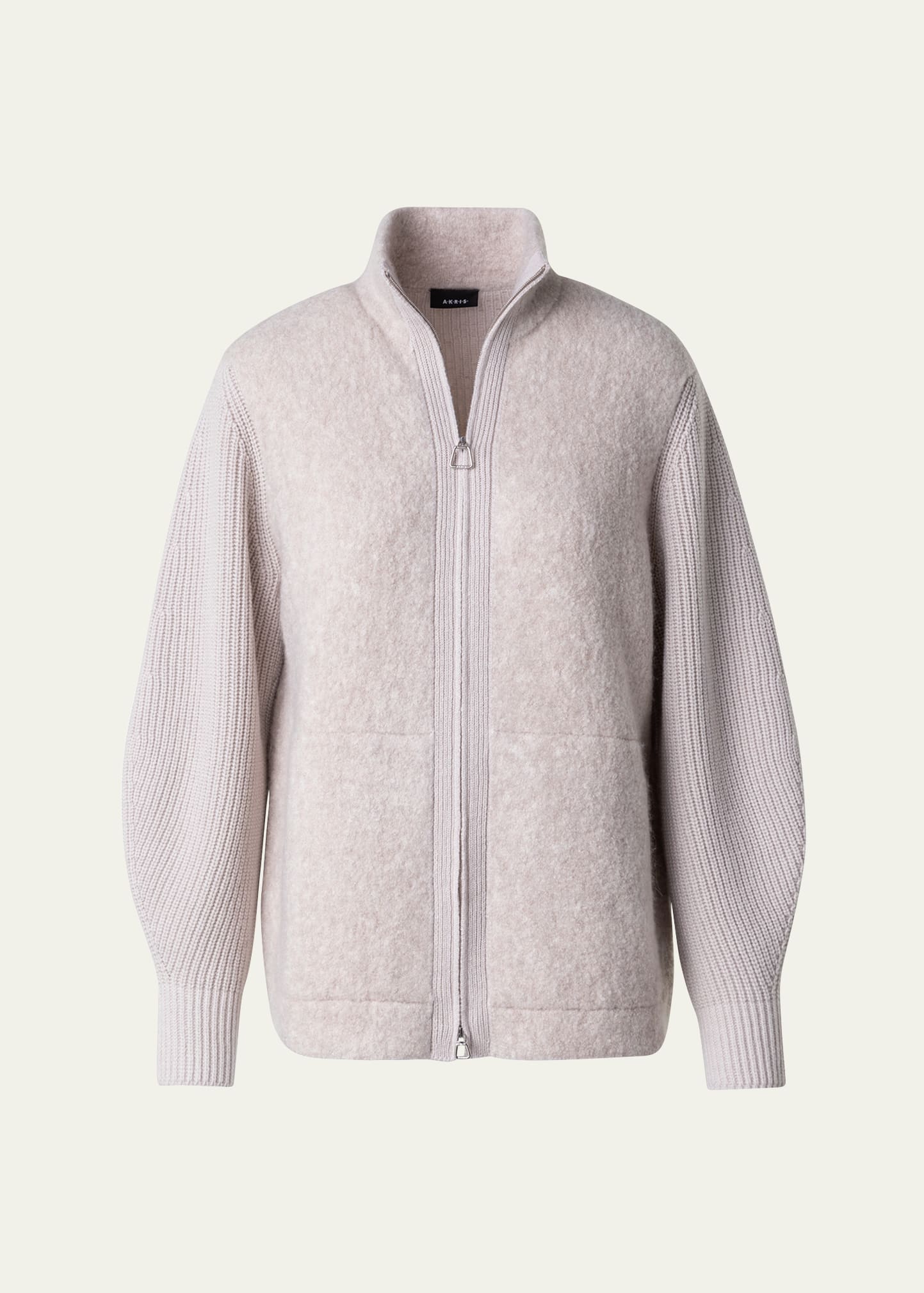 Akris Cashmere And Silk Knit Cardigan With Boucle Front In Greige