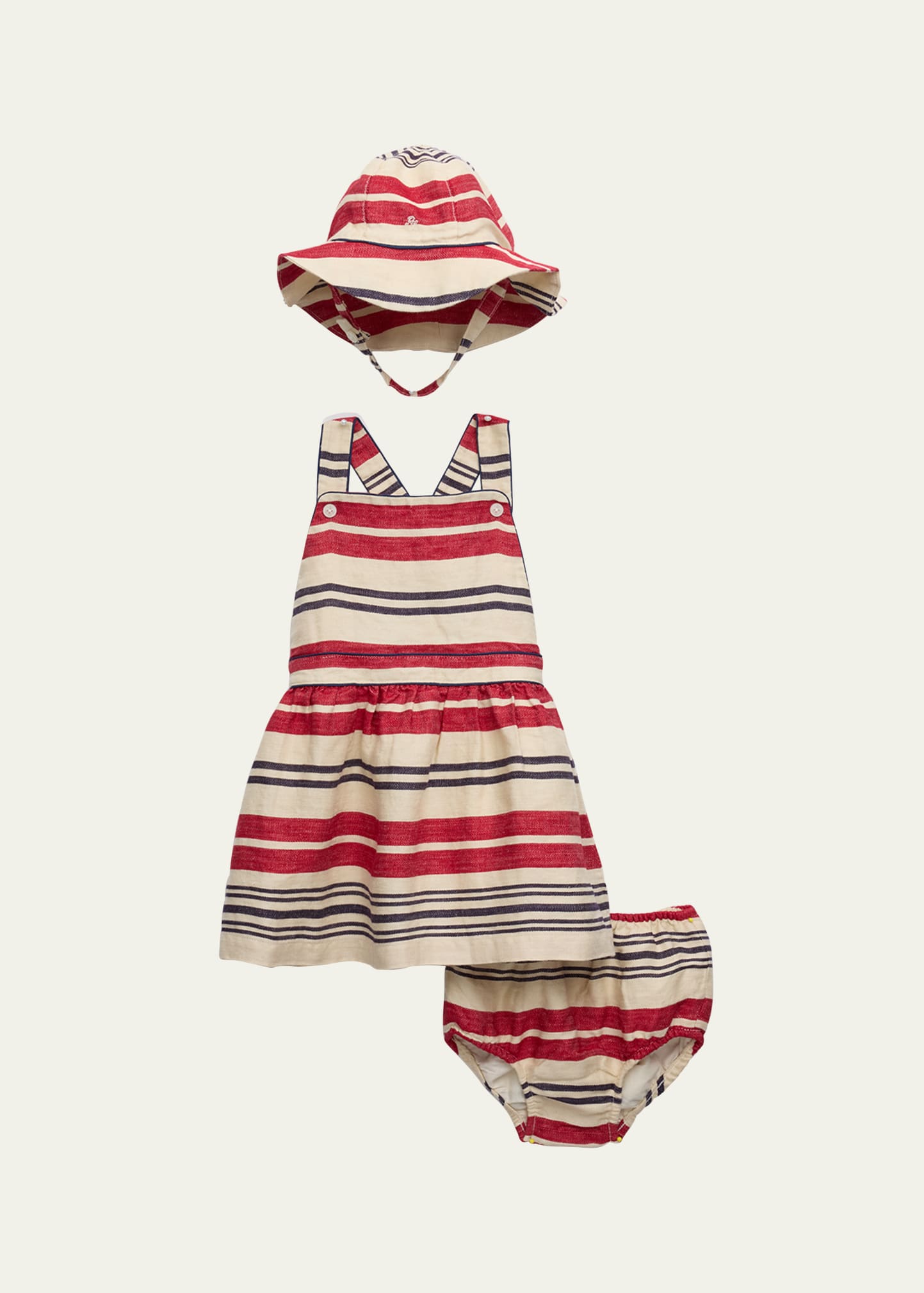 Ralph Lauren Kids' Girl's Striped Linen Dress, Hat And Bloomers Set In Ralph Red Multi