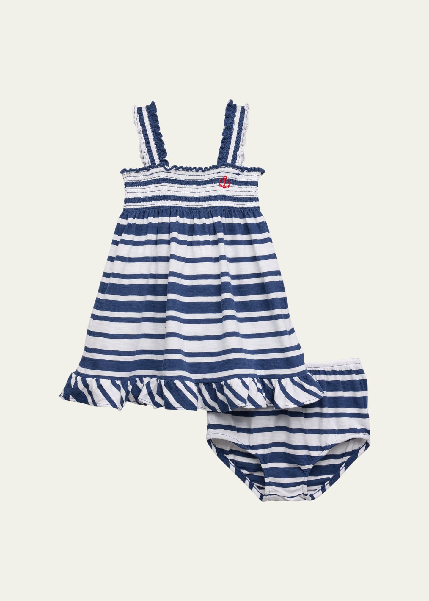 Ralph Lauren Kids' Girl's Nautical-inspired Smocked Dress W/ Bloomers In Rustic Navy Strip