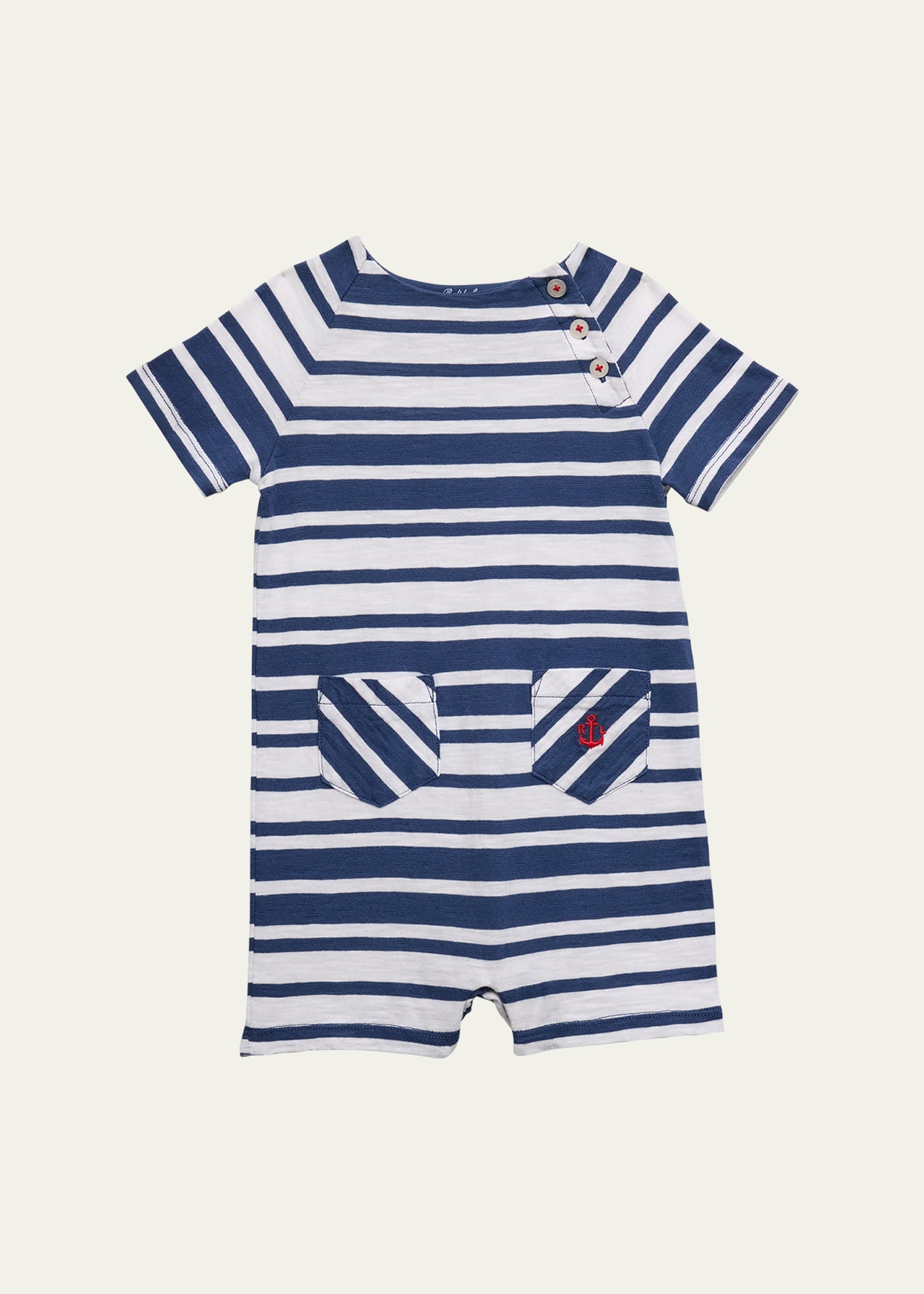 Boy's Slub Jersey Short-Sleeve Nautical Stripe Shortalls, Size 3M-12M