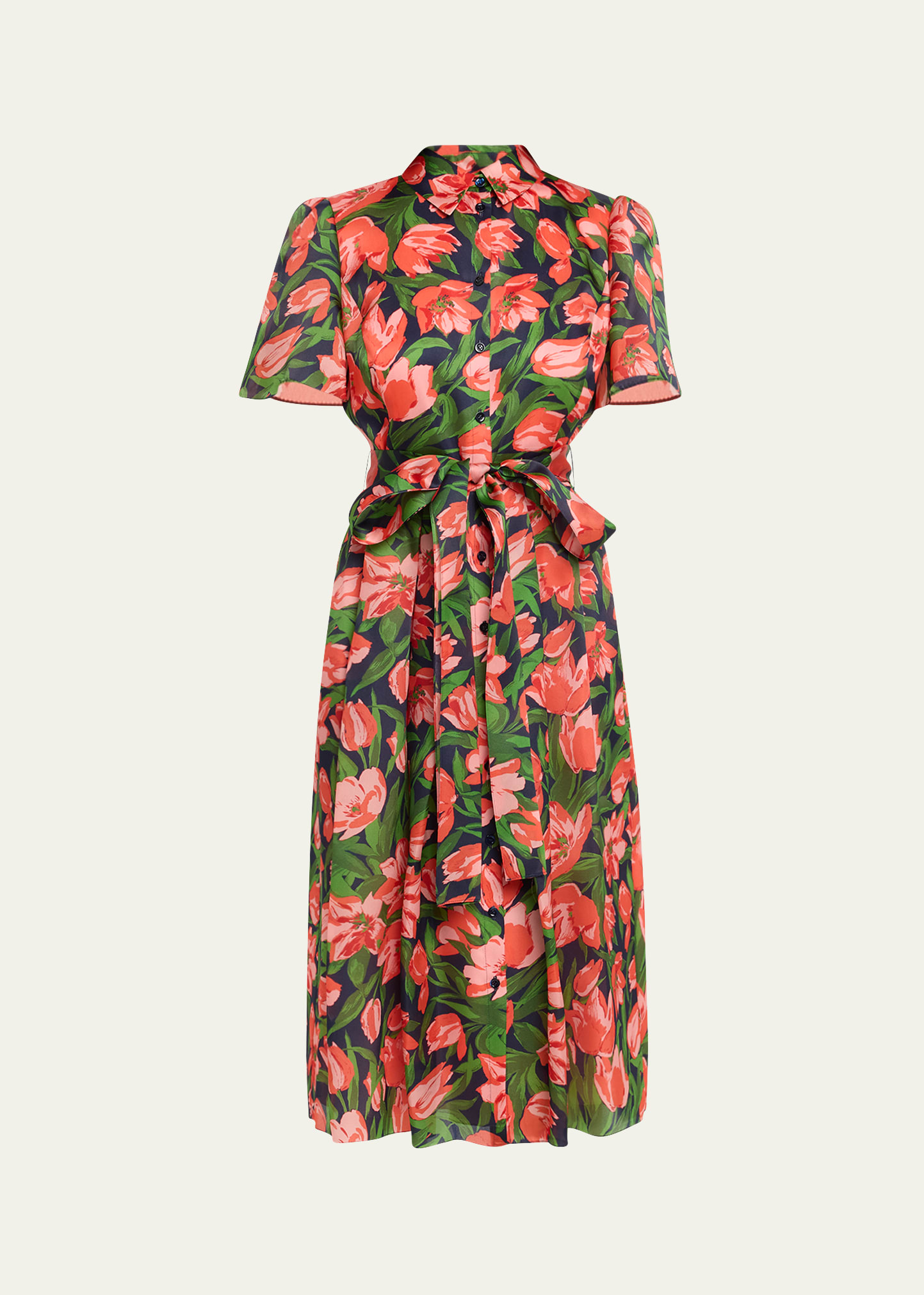 Button-Front Floral Print Belted Shirtdress