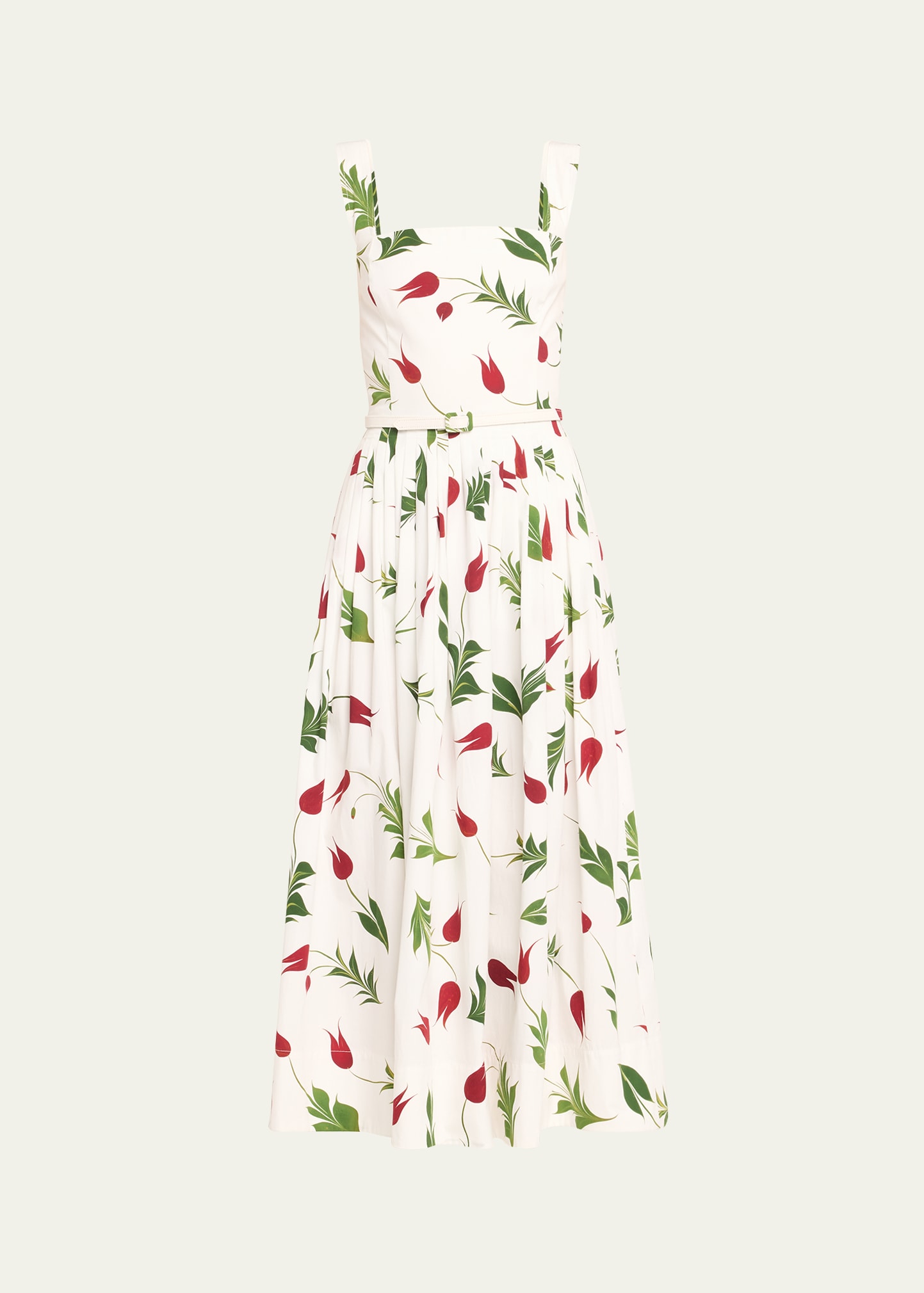 Shop Oscar De La Renta Marbled Tulips Cotton Poplin Square-neck Sleeveless Midi Dress With Self-belt In White Multi