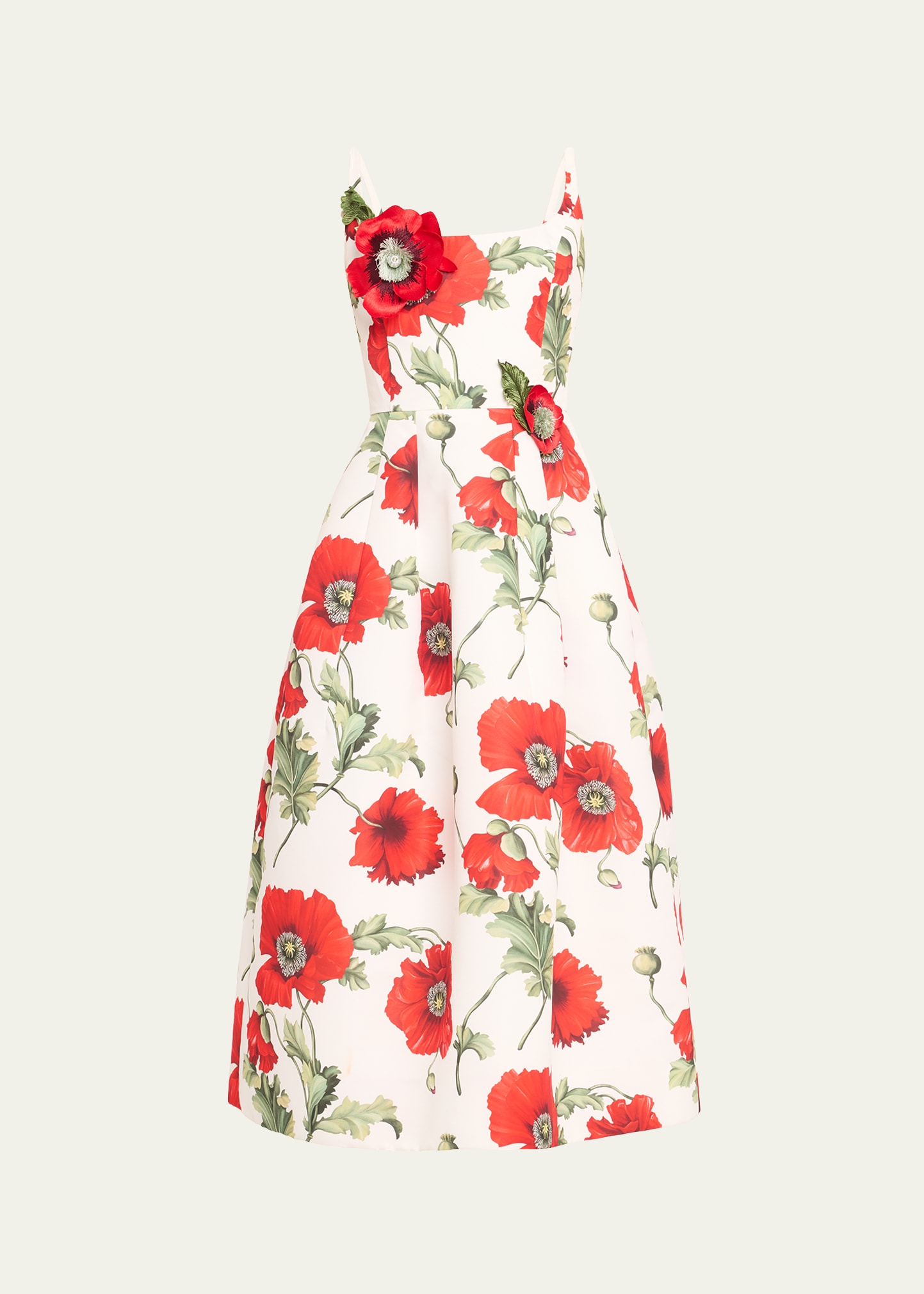 Shop Oscar De La Renta Poppies-print Flower-applique Scoop-neck Sleeveless Midi Dress In White Red