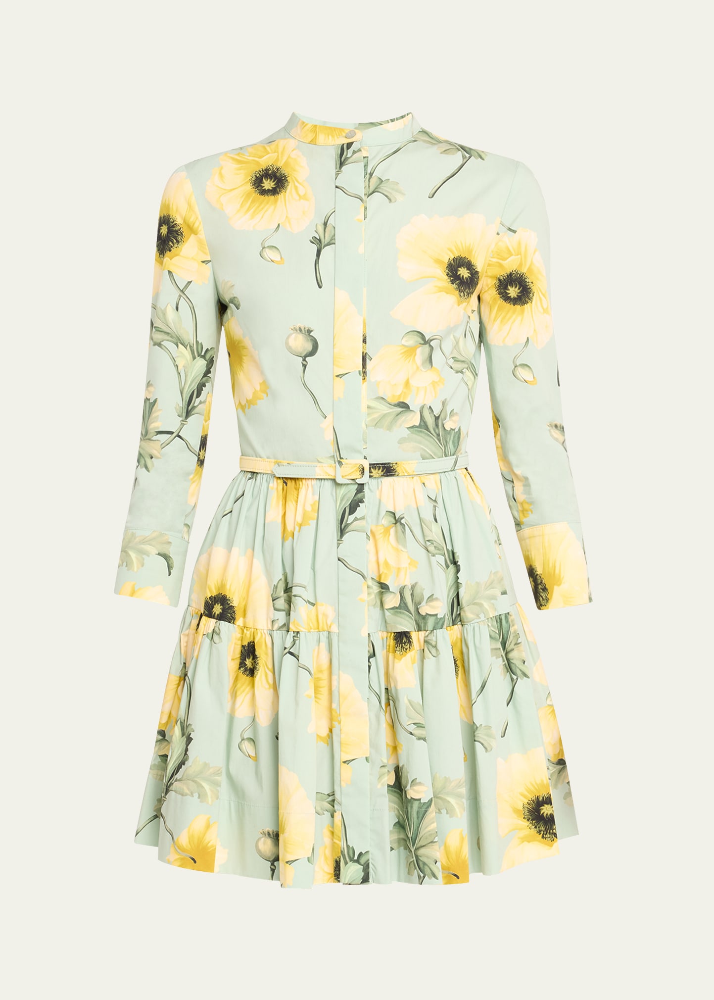 Shop Oscar De La Renta Poppies Button-front Dress With Self Belt In Sage Yellow