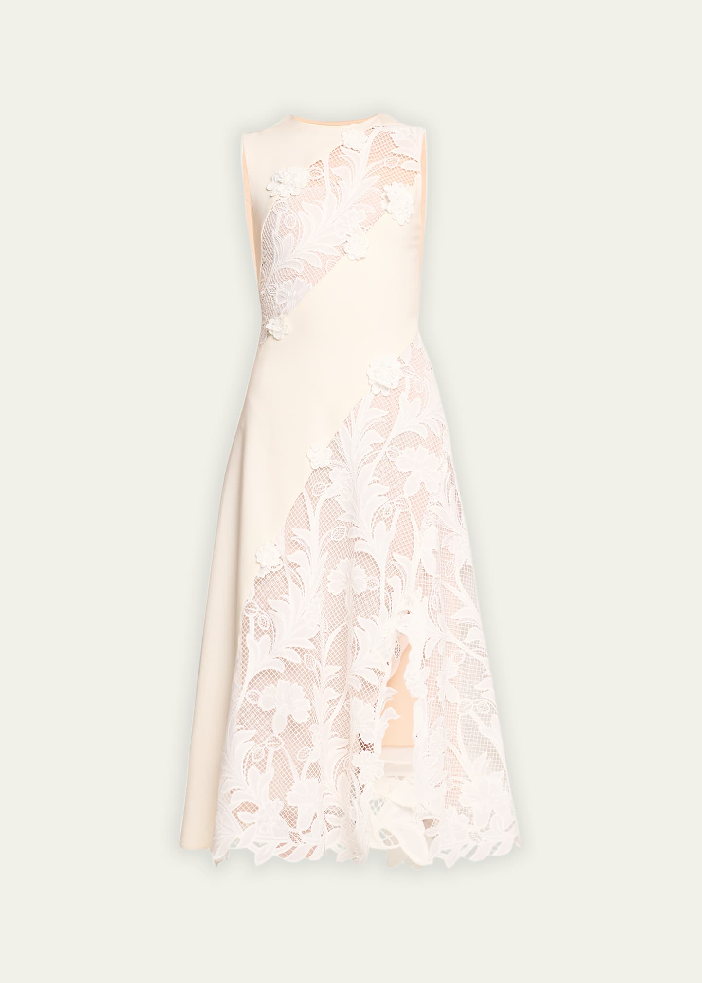 Shop Oscar De La Renta Marbled Carnation Guipure Inset Midi Dress In Off White