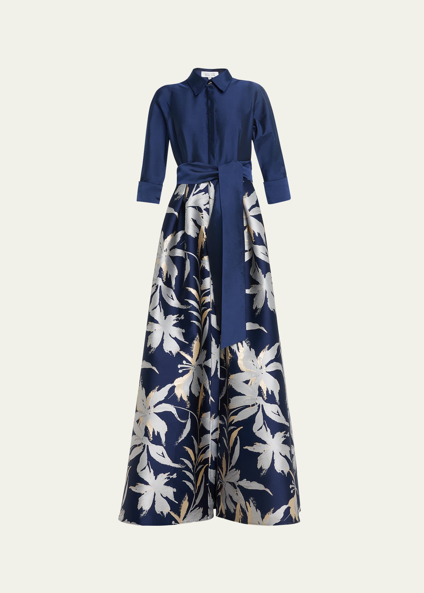 Rickie Freeman For Teri Jon 3/4-sleeve Floral Jacquard Shirt Gown In Navy Multi