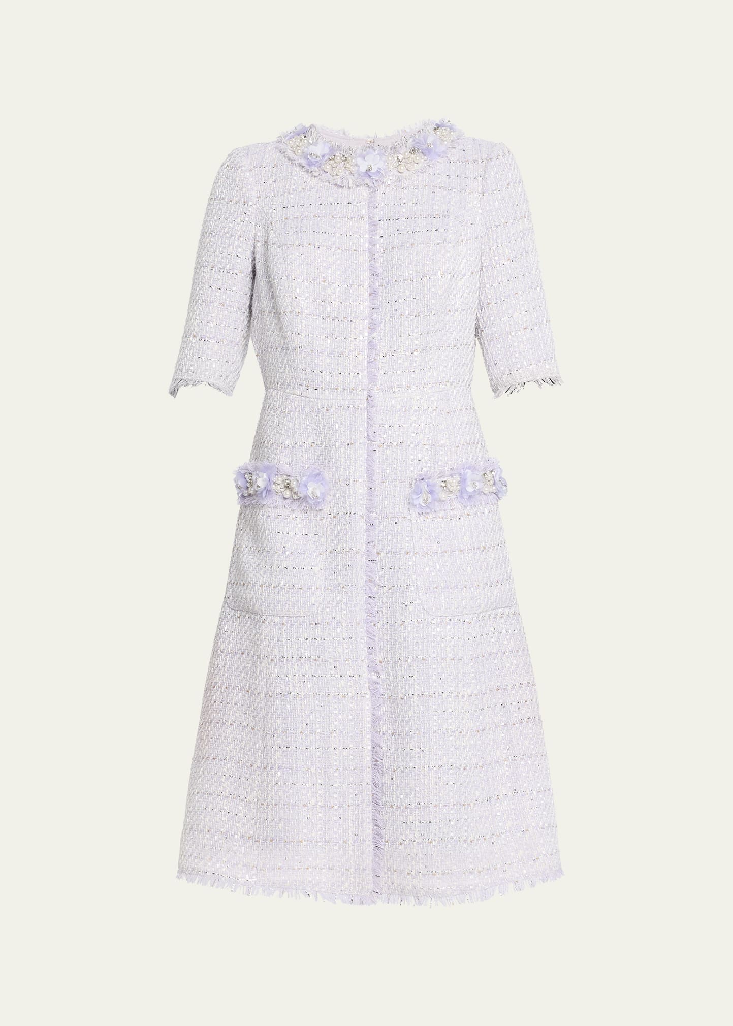 Rickie Freeman For Teri Jon Bead-embellished Fringe-trim Tweed Midi Dress In Lav Multi