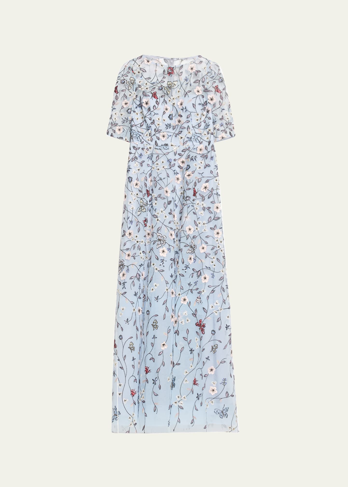 Rickie Freeman For Teri Jon Floral-embroidered Applique Tulle Gown In Ice Blue