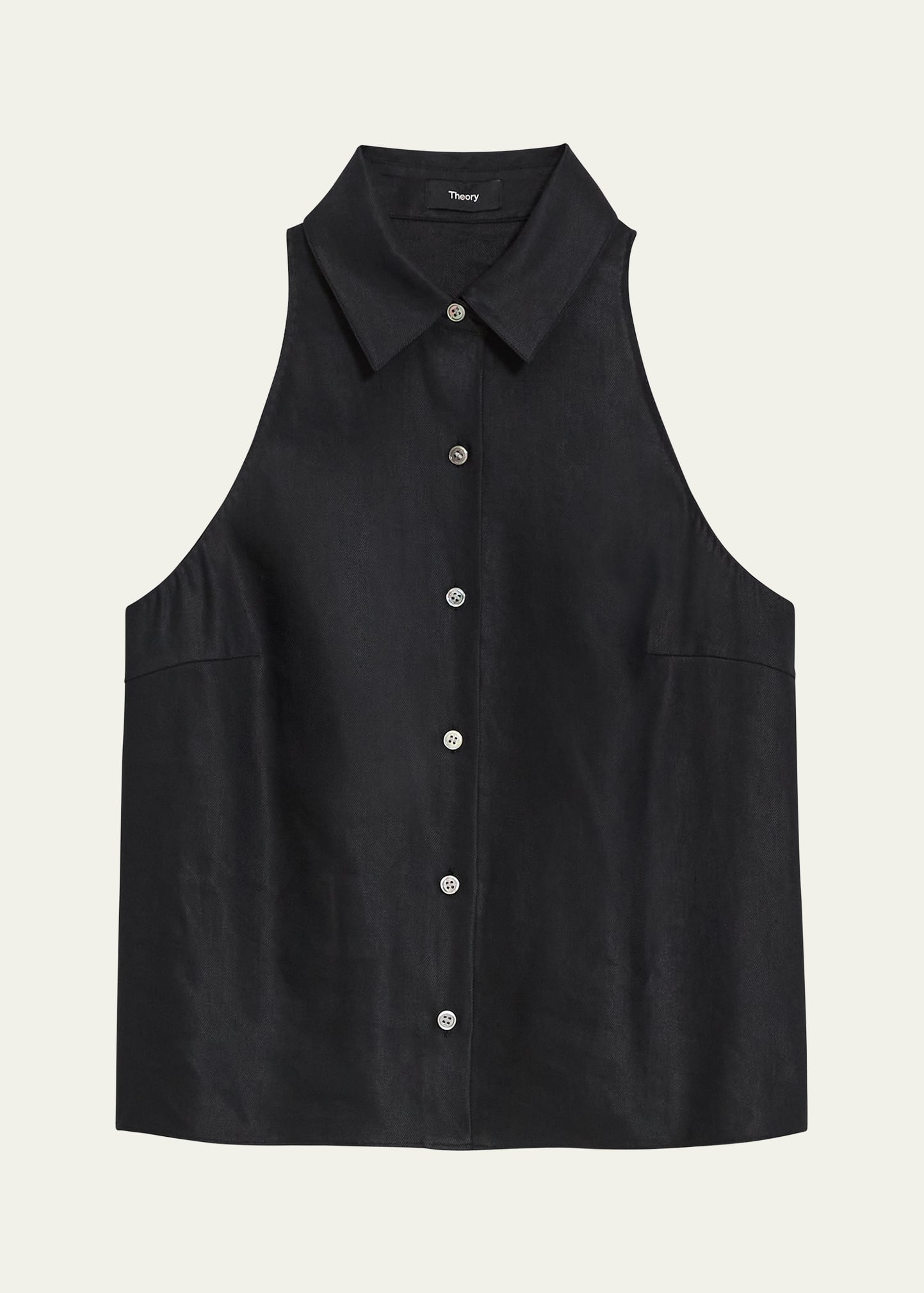 Shop Theory Sleeveless Linen-blend Button-front Halter Shirt In Blk