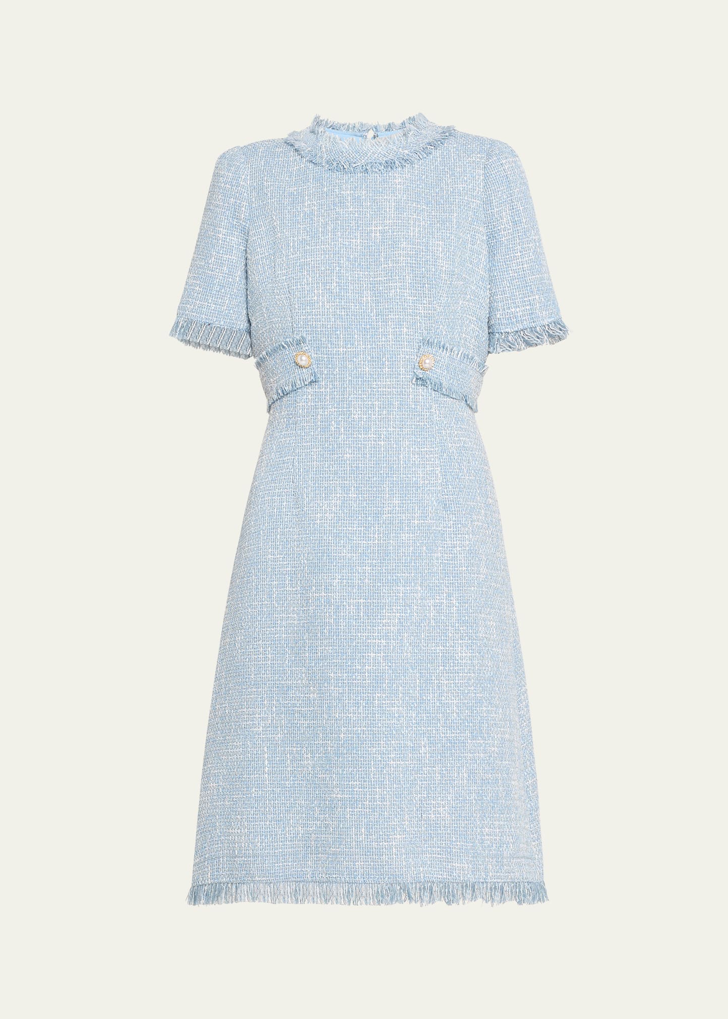 Shop Rickie Freeman For Teri Jon Fringe-trim Boucle Tweed Dress In Pow Blue