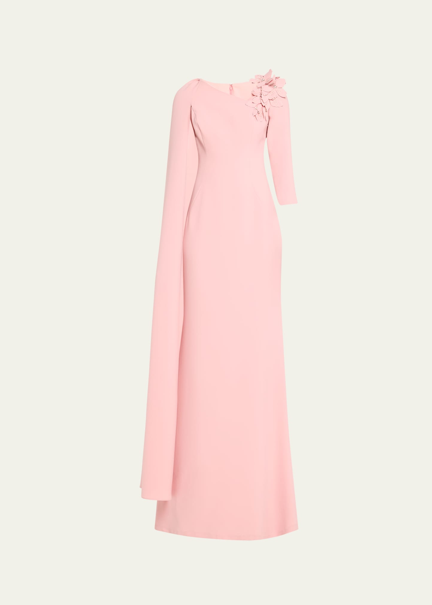 Shop Rickie Freeman For Teri Jon Cape-sleeve Floral Applique Trumpet Gown In Rose Pink