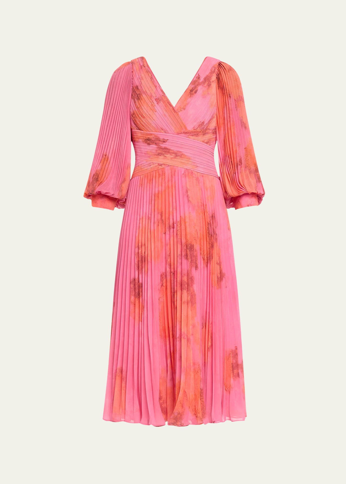 Shop Rickie Freeman For Teri Jon Pleated Abstract-print Chiffon Midi Dress In Pink Multi