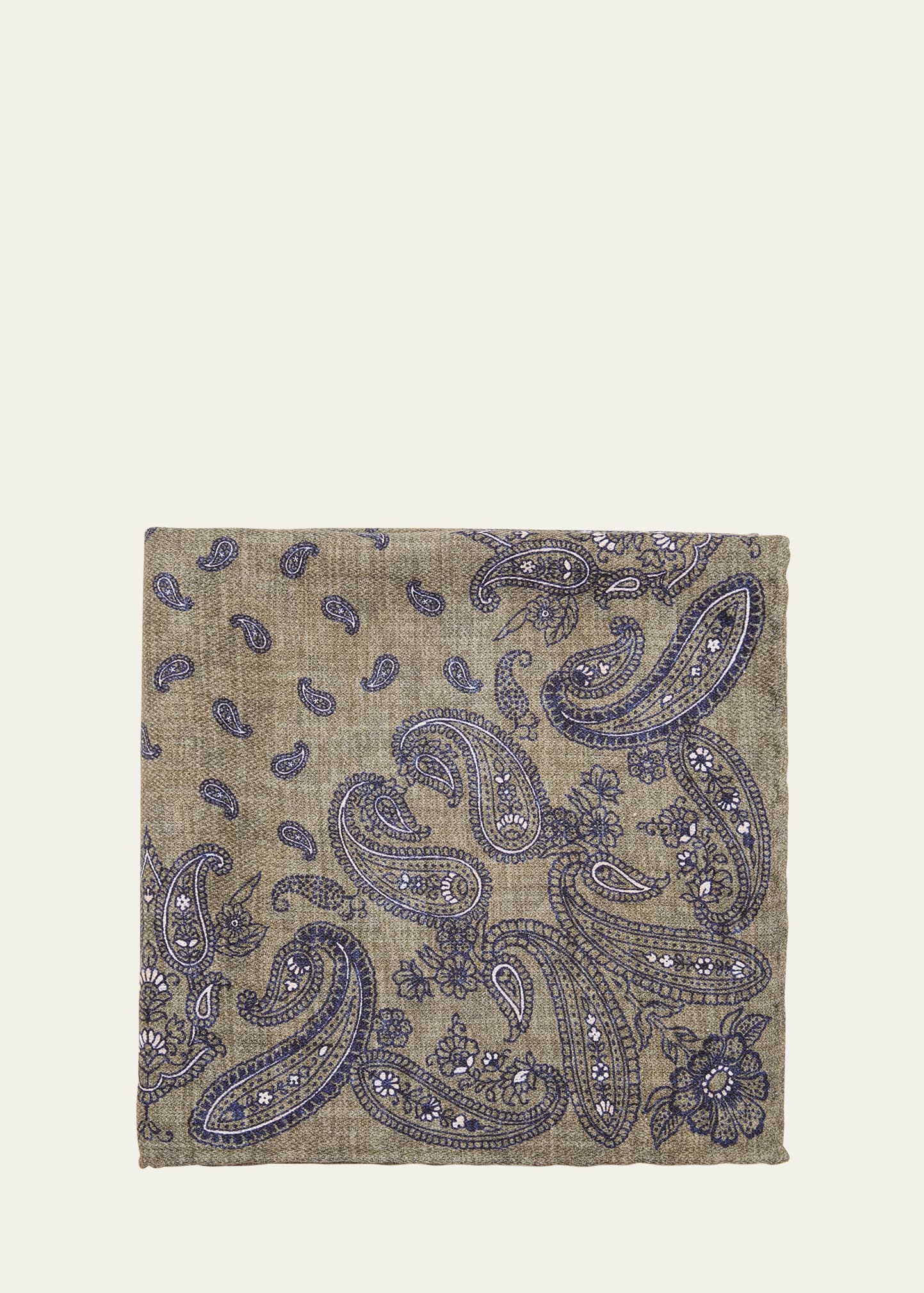Brunello Cucinelli Men's Silk Paisley Pocket Square In Olive/navy